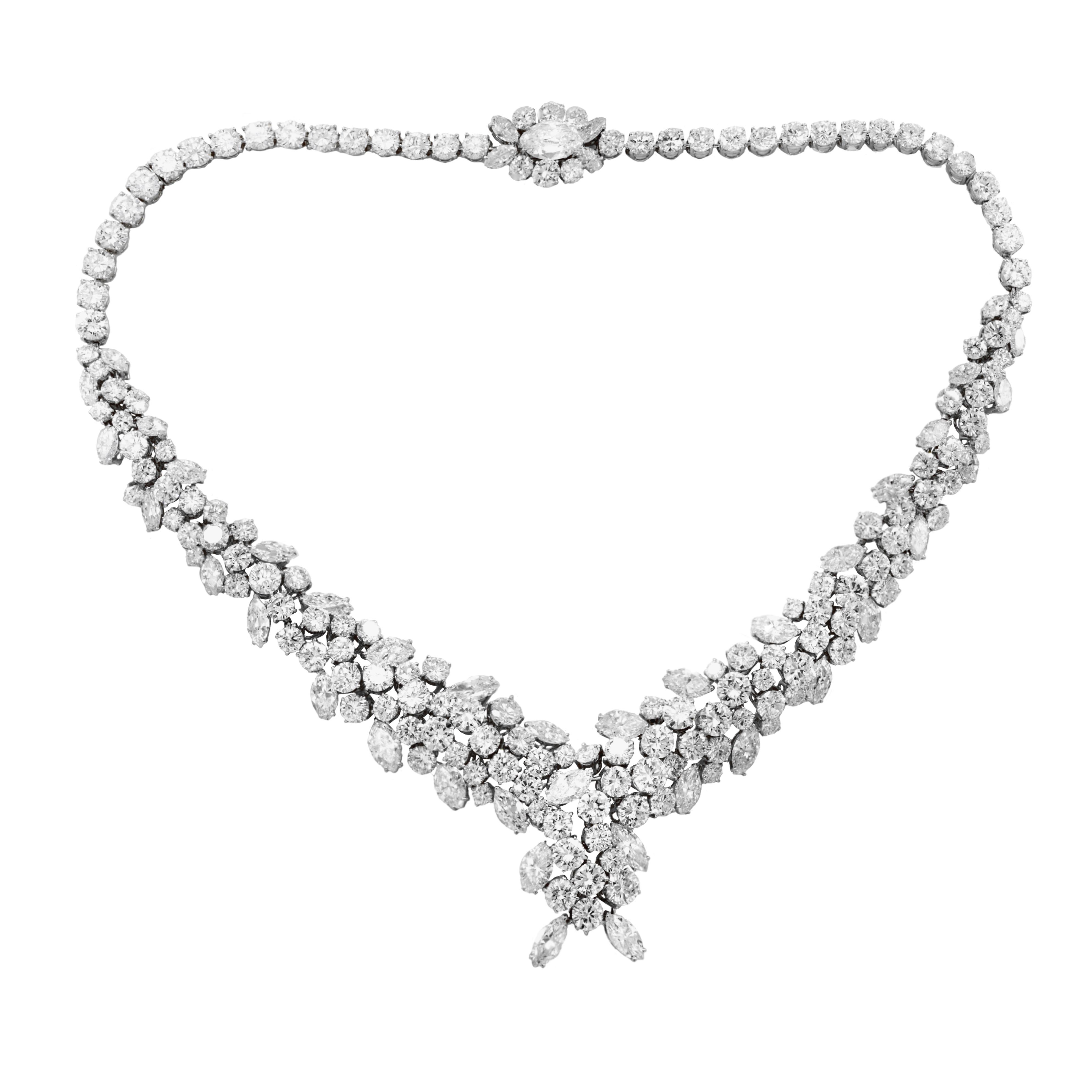 70.00 CT pear, round and marquise cut diamond platinum cluster necklace
