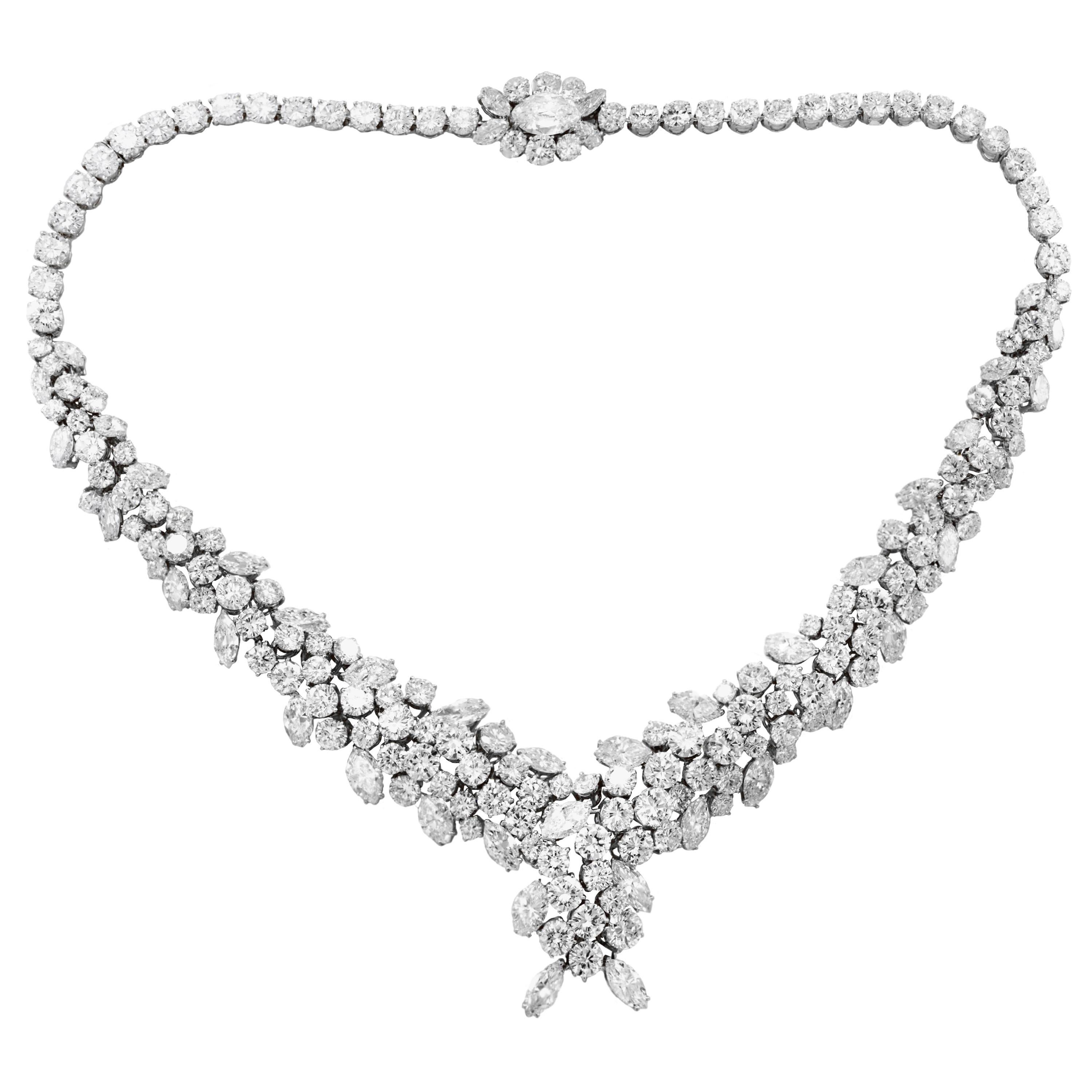 Platinum Cluster Necklace with Pear, Round and Marquise Cut Diamond For Sale