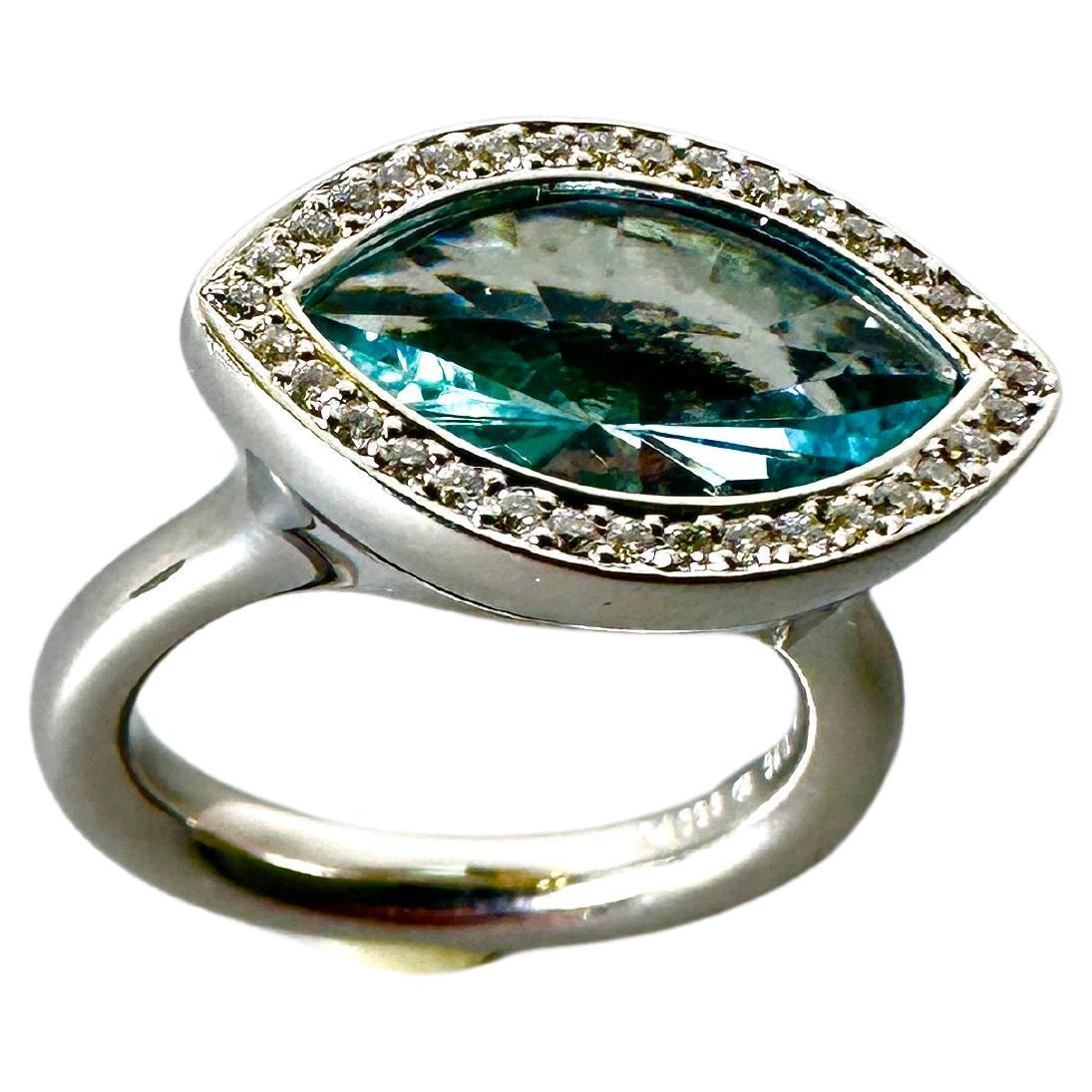 Platinum Cocktail Ring, Blue Aquamarine, Diamonds F-vs 0.15ct For Sale