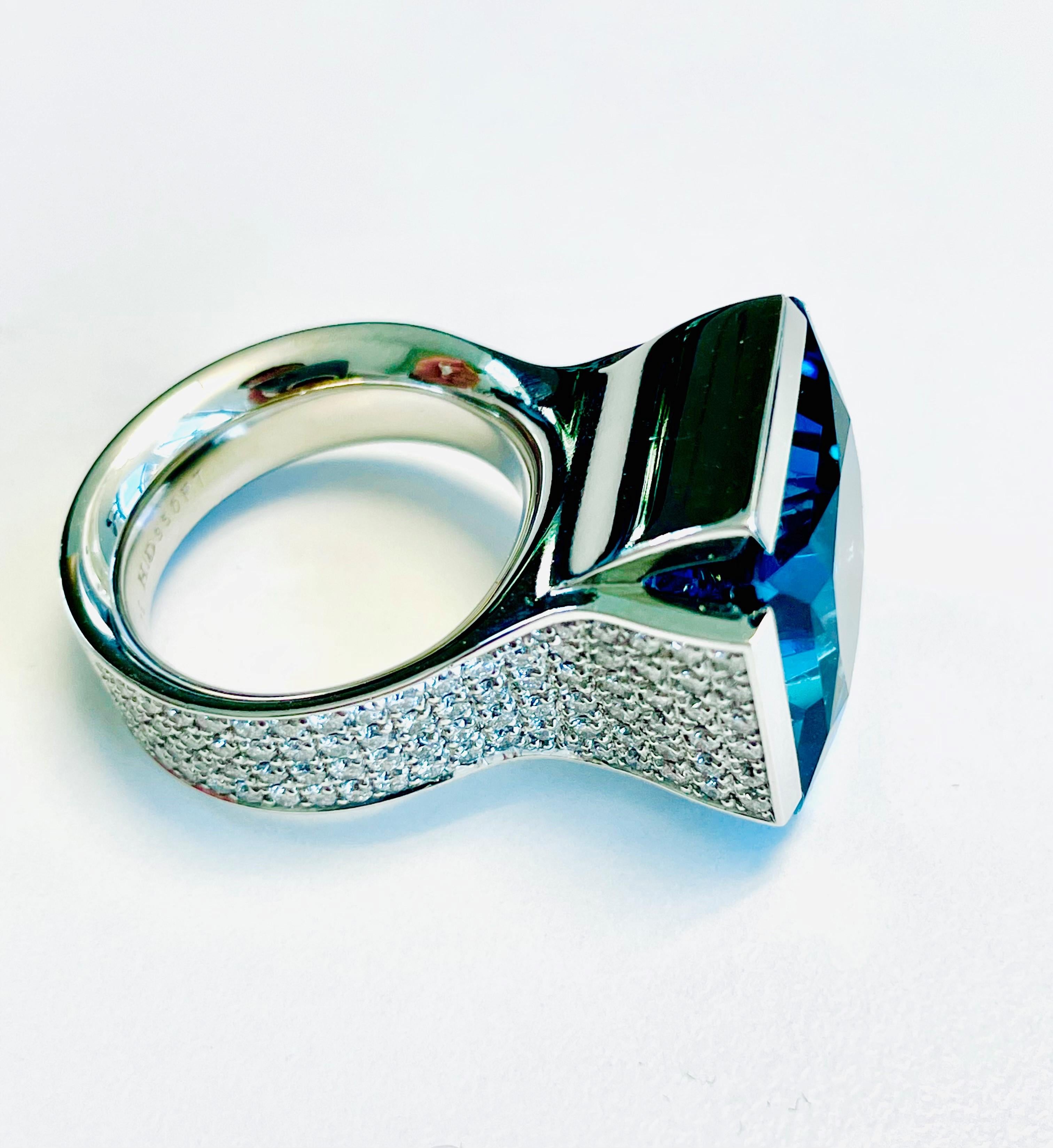 Princess Cut Platinum Cocktail Ring, Blue Topaz, Diamonds F-vs 1.75ct For Sale