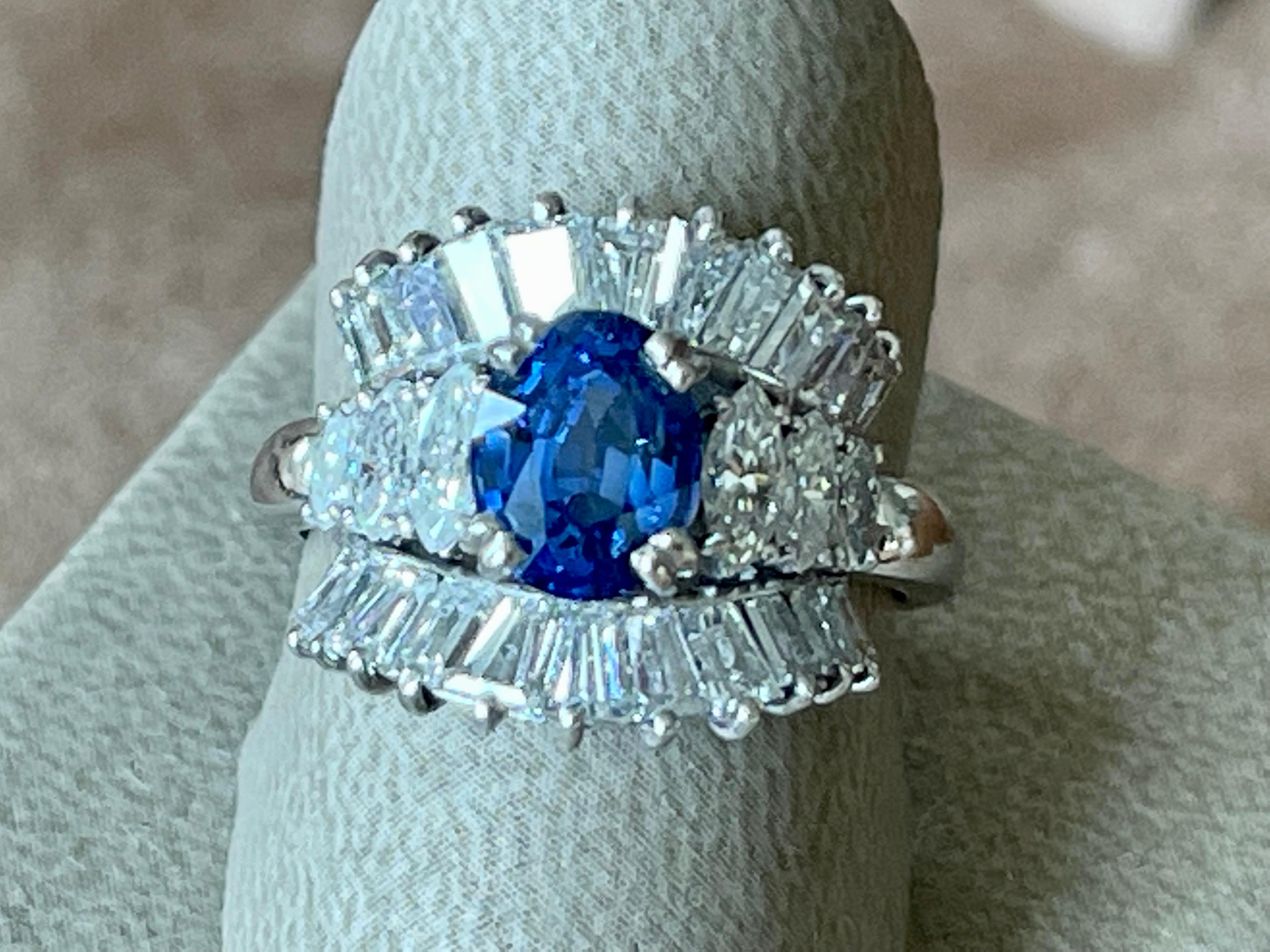 Contemporary Platinum Cocktail Ring by Bucherer Ceylon Sapphire Marquise Baguette Diamonds For Sale