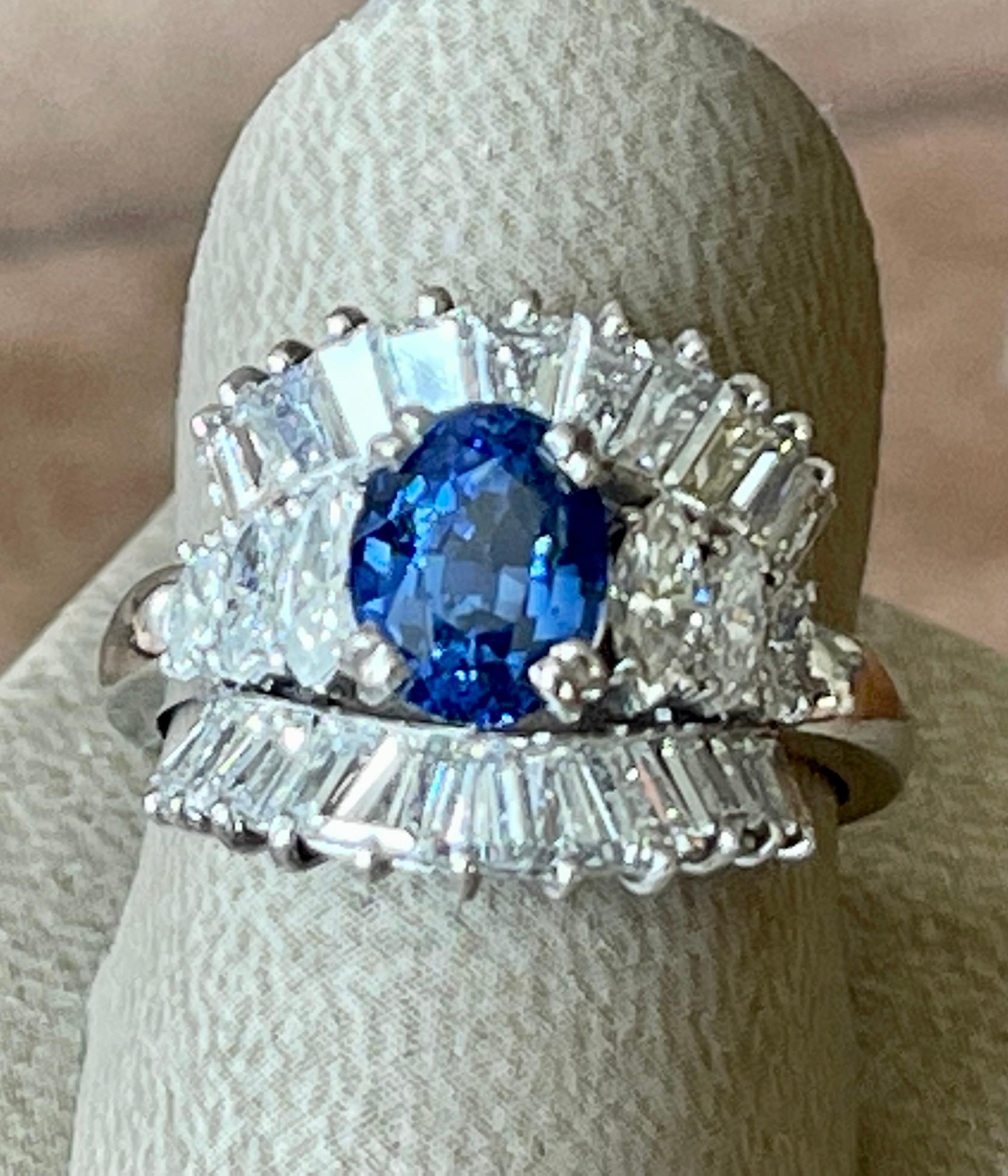 Baguette Cut Platinum Cocktail Ring by Bucherer Ceylon Sapphire Marquise Baguette Diamonds For Sale