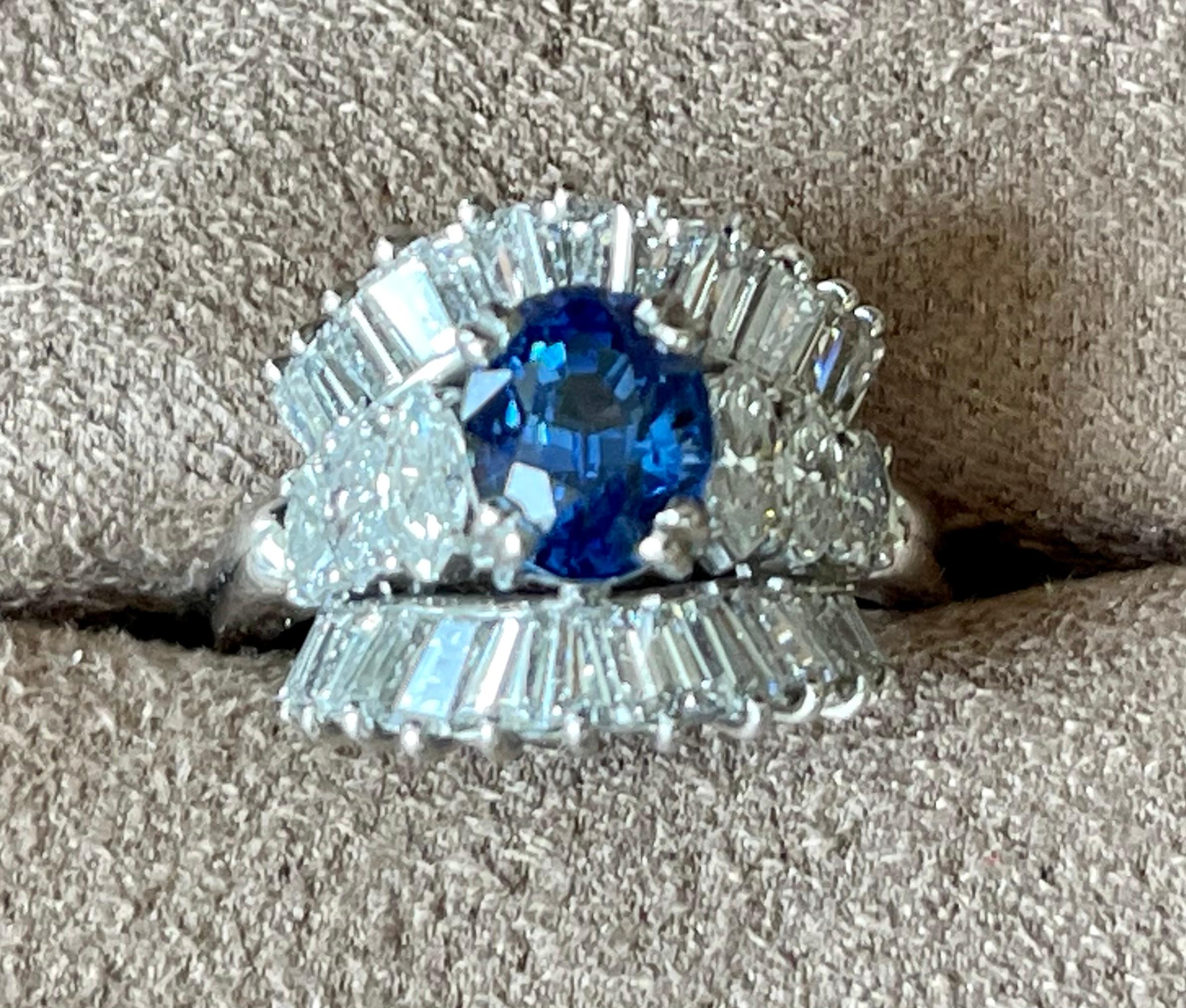 Platinum Cocktail Ring by Bucherer Ceylon Sapphire Marquise Baguette Diamonds For Sale 1