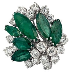 Platinum Cocktail Ring with 1.9ct Round H VS Diamonds and 7ct Emerald Size 4.5