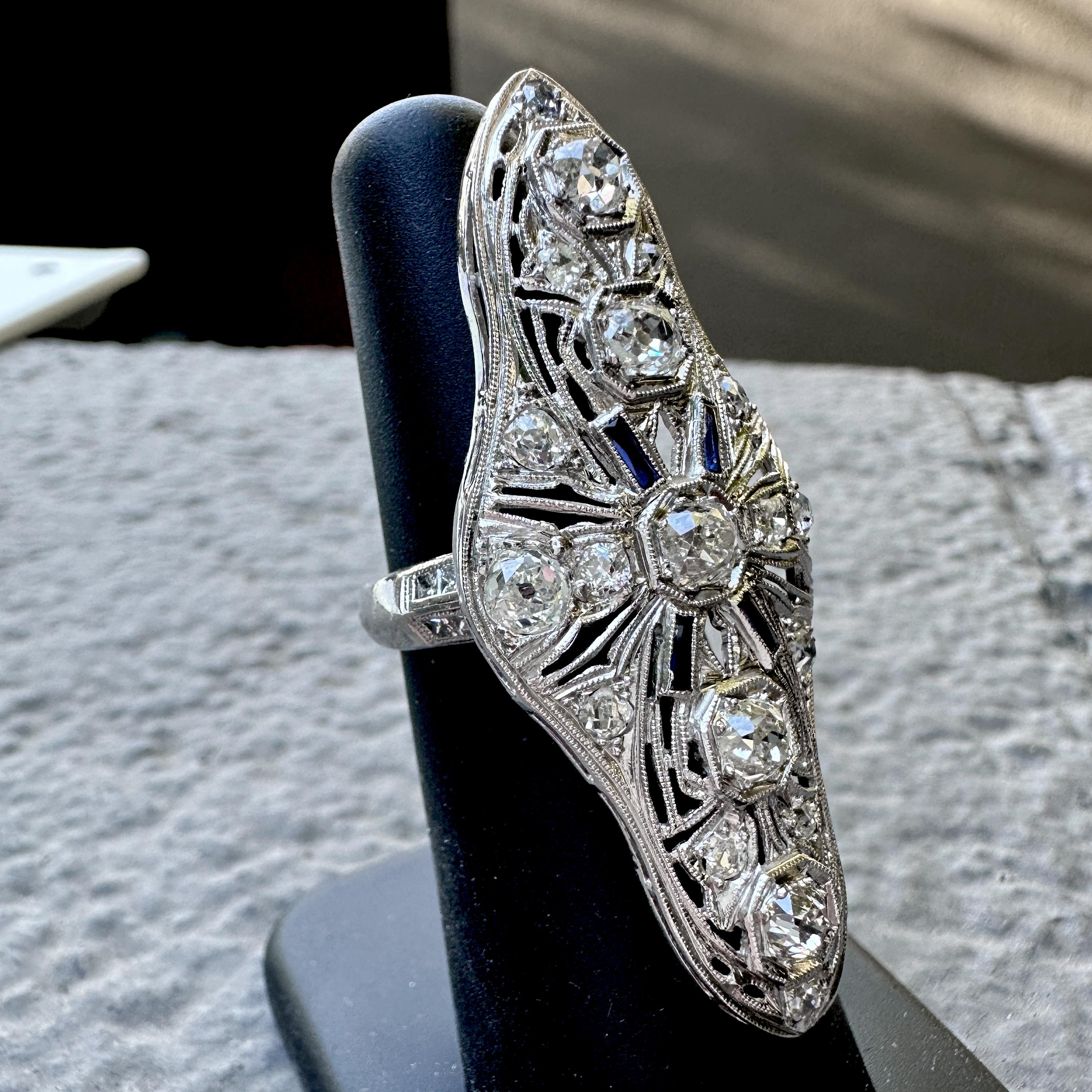 Platinum Cocktail Ring with 2.5 Carats in Old Cut Diamonds Plus Sapphire Accents For Sale 4