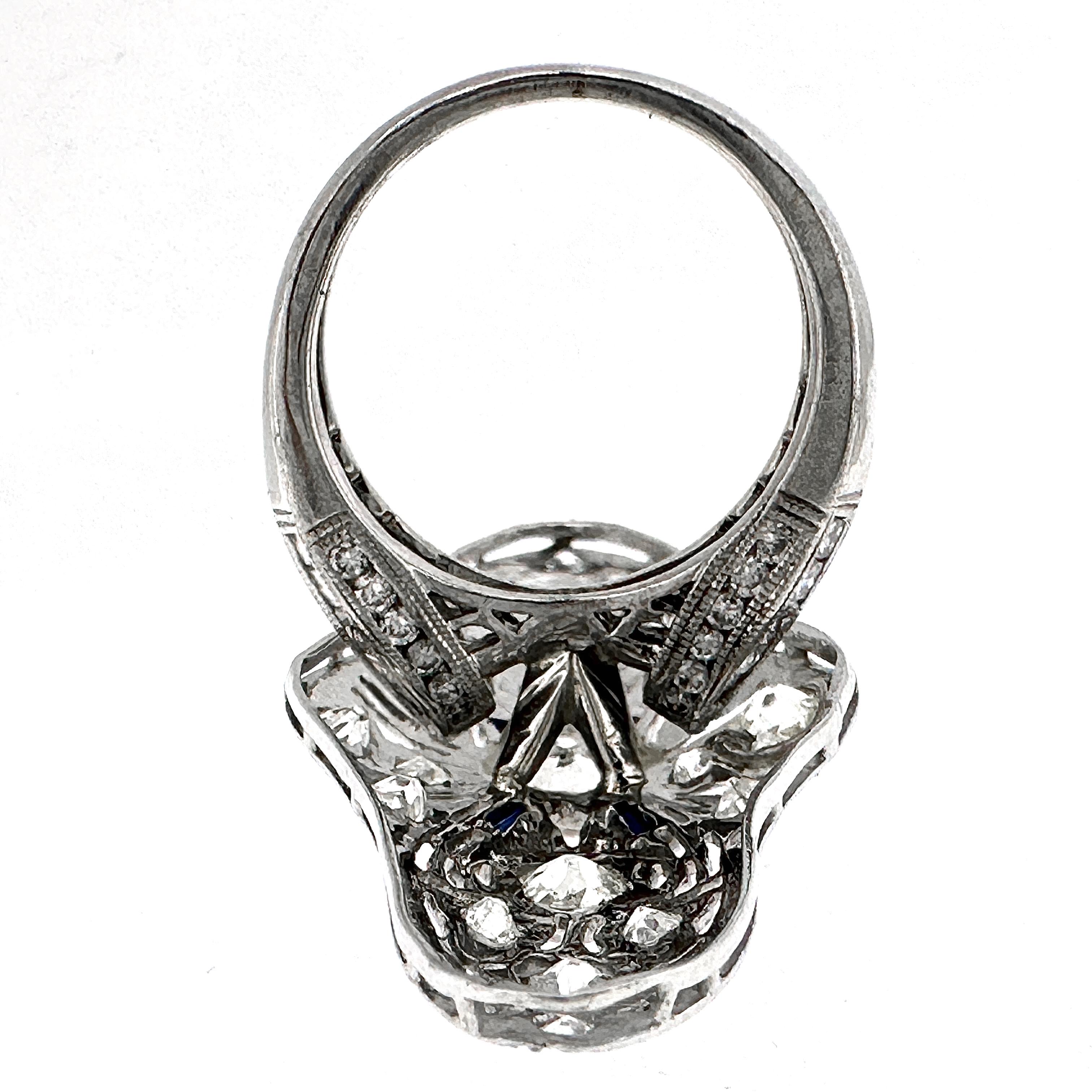 Platinum Cocktail Ring with 2.5 Carats in Old Cut Diamonds Plus Sapphire Accents For Sale 7