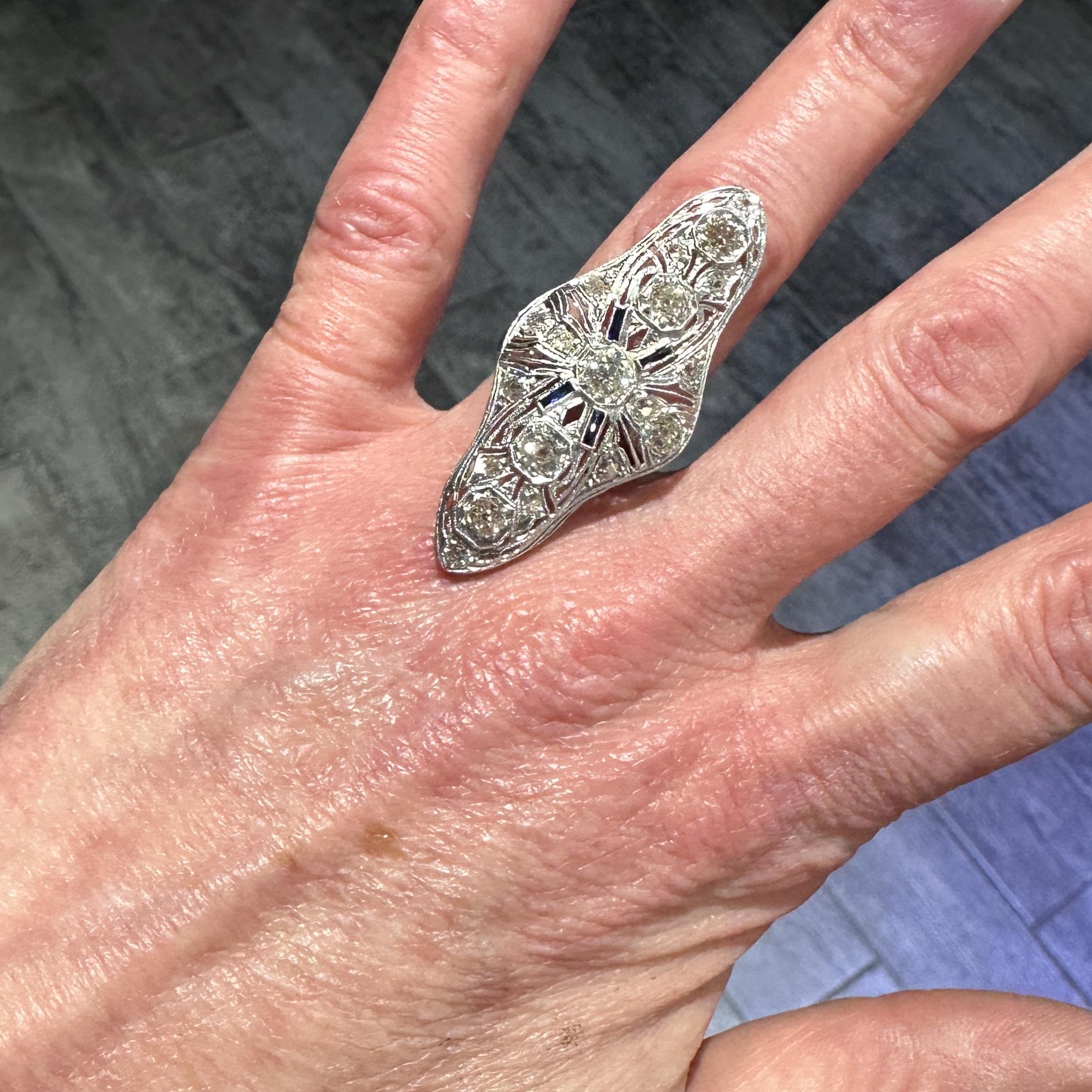 Edwardian Platinum Cocktail Ring with 2.5 Carats in Old Cut Diamonds Plus Sapphire Accents For Sale