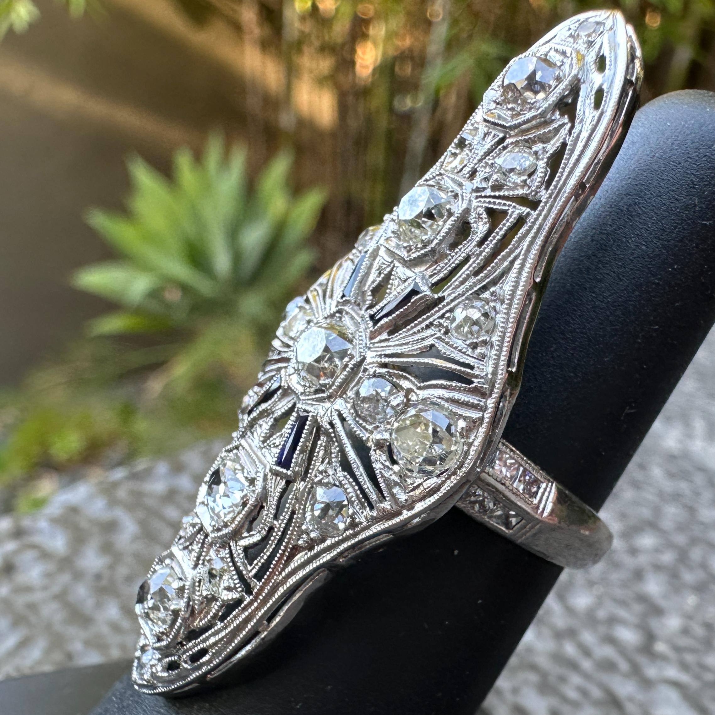 Old European Cut Platinum Cocktail Ring with 2.5 Carats in Old Cut Diamonds Plus Sapphire Accents For Sale