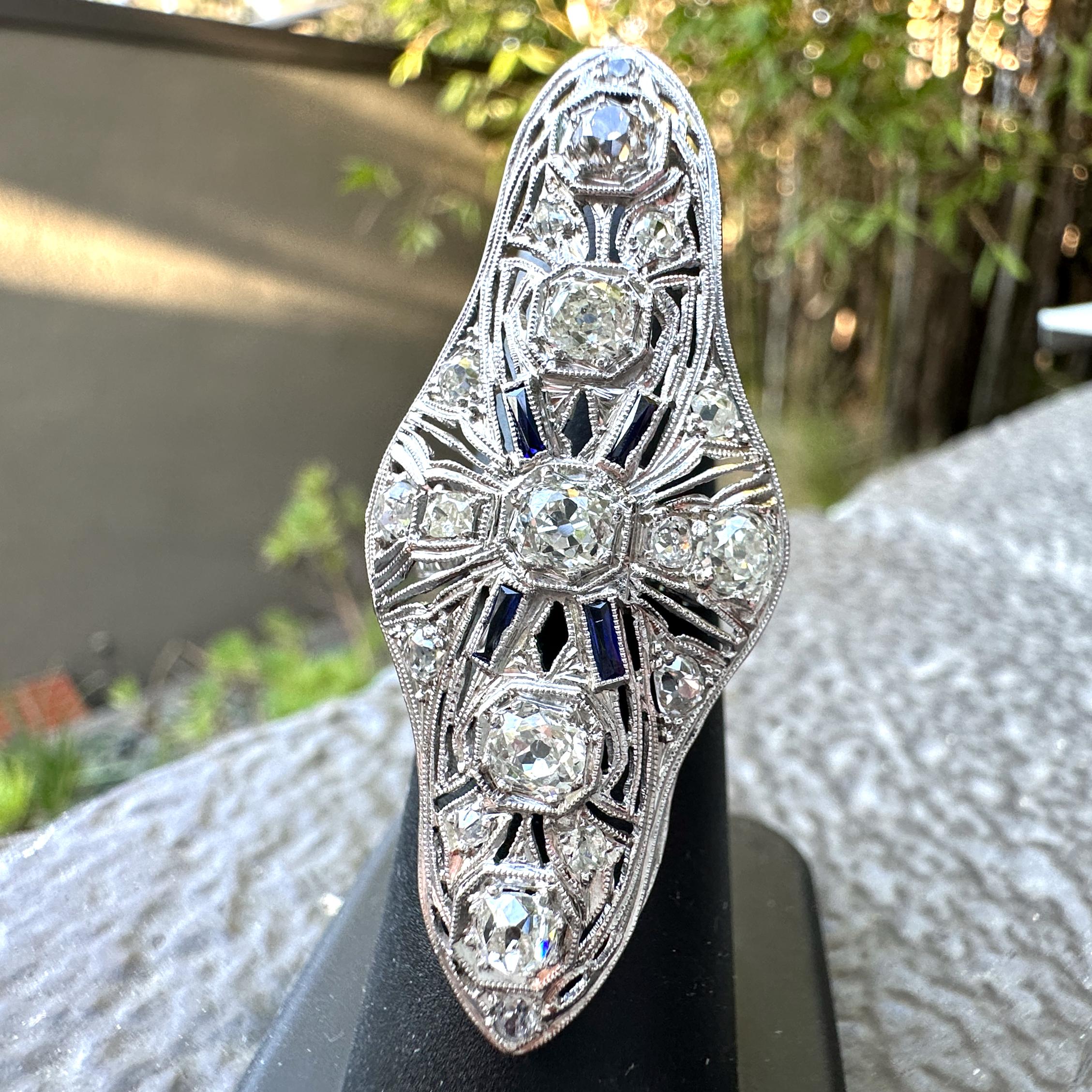 Platinum Cocktail Ring with 2.5 Carats in Old Cut Diamonds Plus Sapphire Accents In Good Condition For Sale In Sherman Oaks, CA