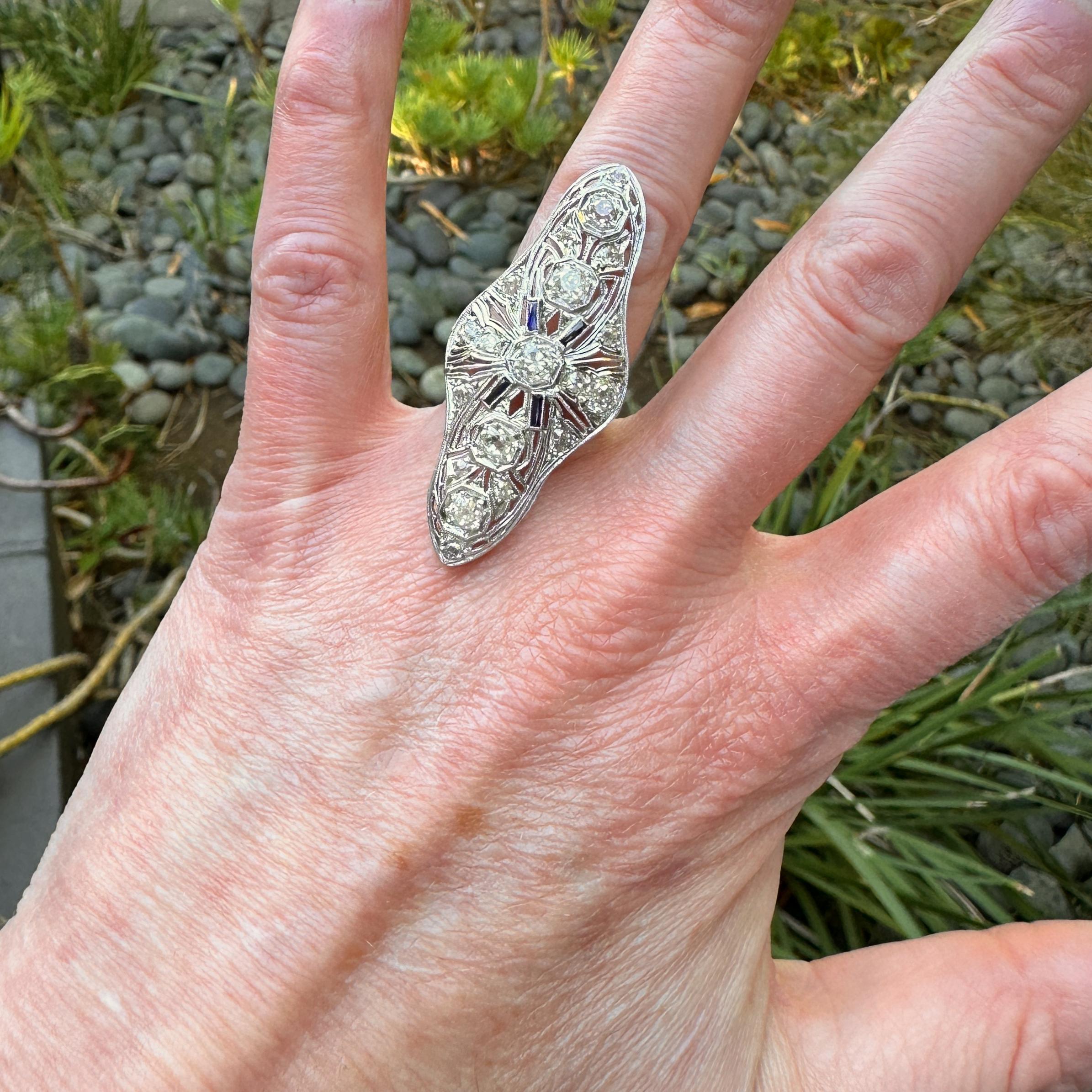 Platinum Cocktail Ring with 2.5 Carats in Old Cut Diamonds Plus Sapphire Accents For Sale 2