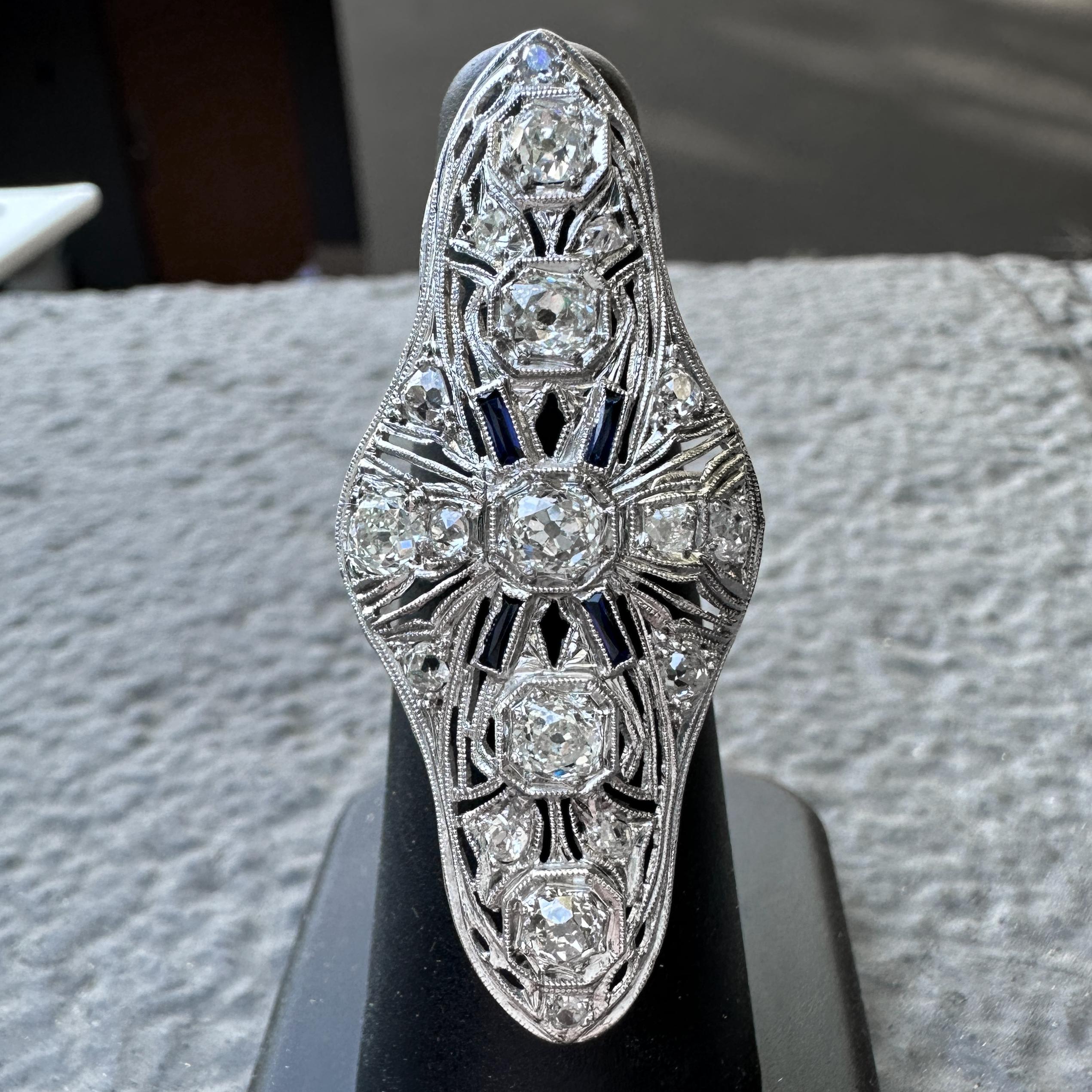 Platinum Cocktail Ring with 2.5 Carats in Old Cut Diamonds Plus Sapphire Accents For Sale 3