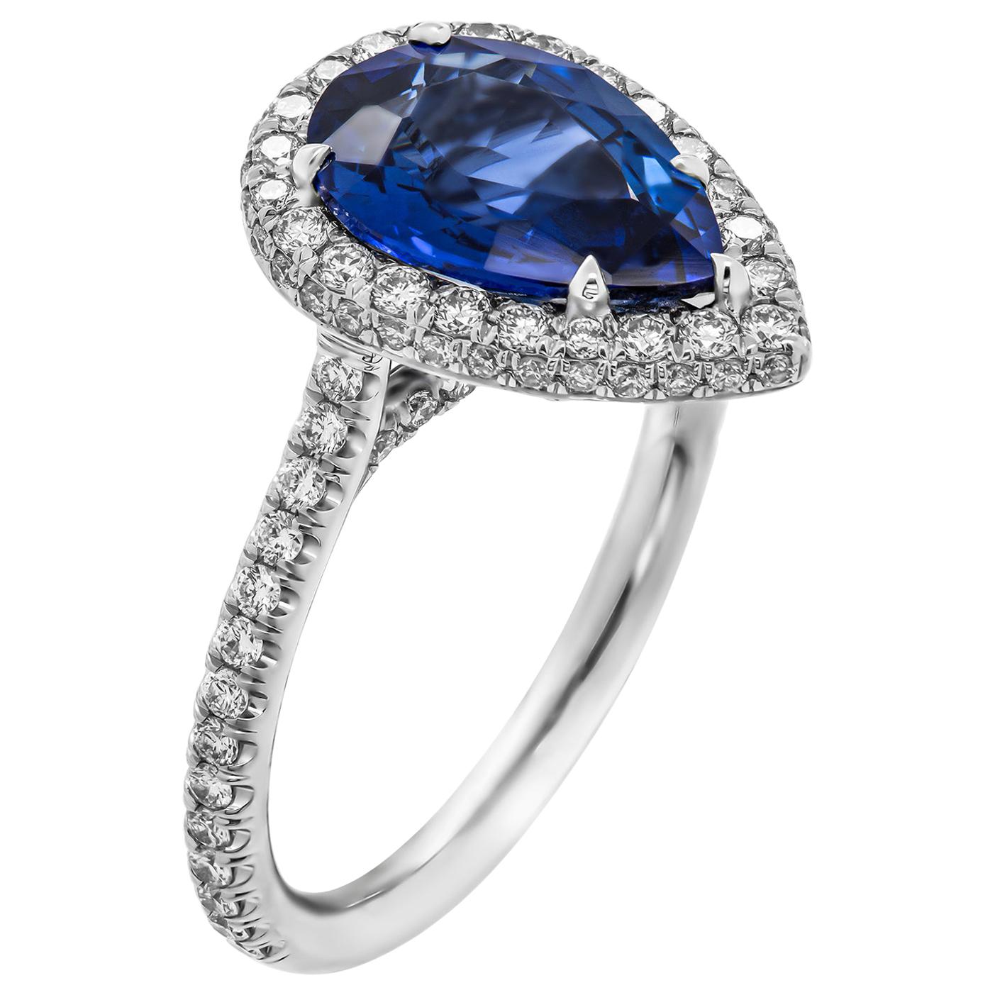 GIA Certified Platinum Cocktail Ring with 2.54 Carat Pear Shape Blue Sapphire