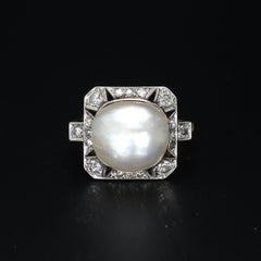 Platinum Cocktail Ring with White Pearl and Diamonds