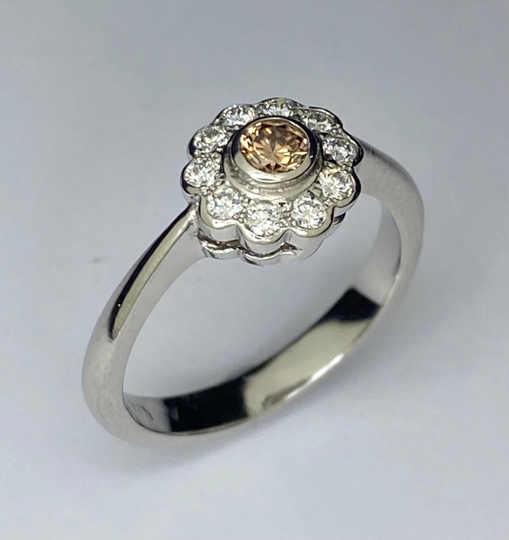 Round Cut Platinum Cognac Diamond Cluster Ring For Sale