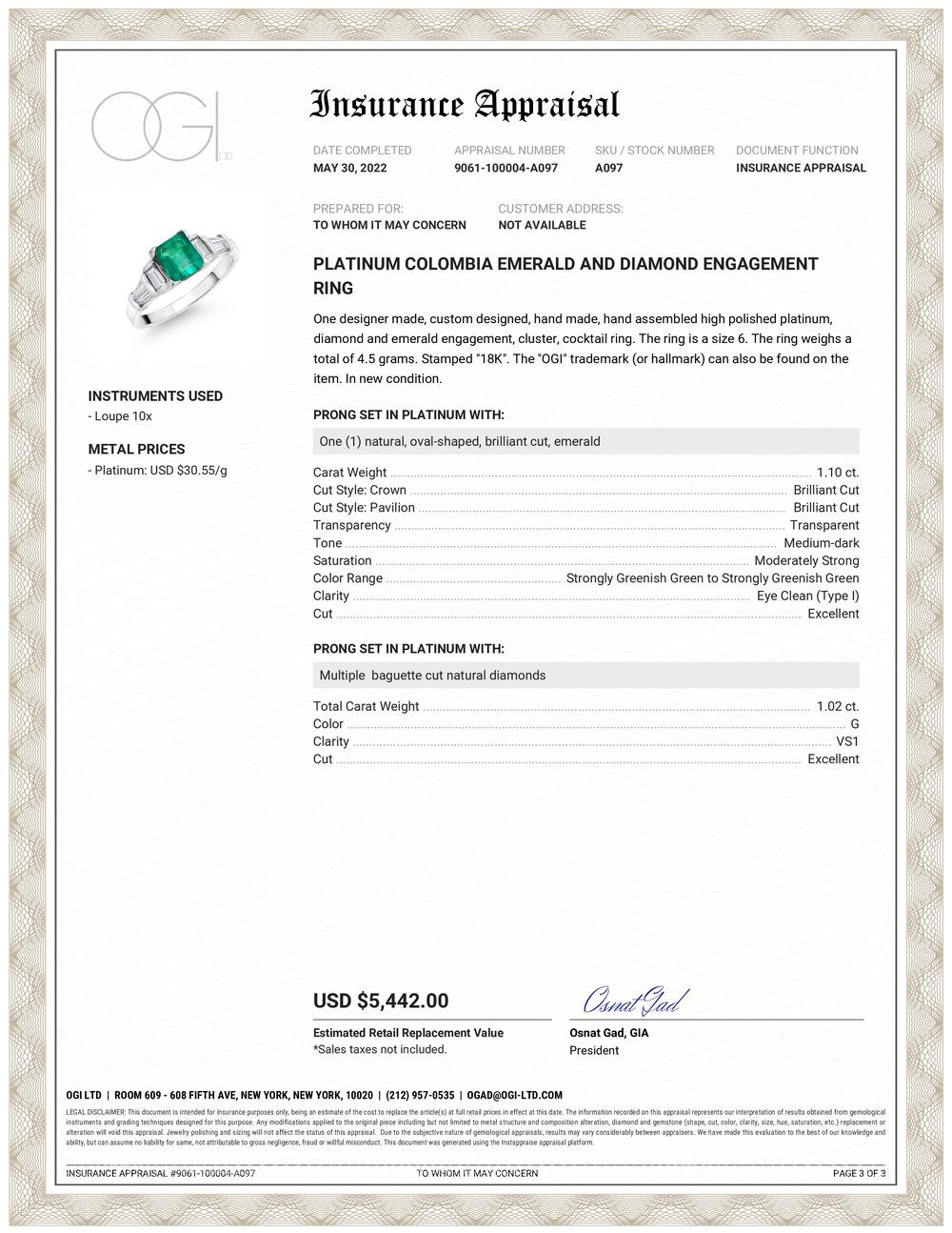 Platinum emerald shaped emerald and baguette diamonds engagement ring
One Colombia emerald weighing 1.10 carats center stone
Two straight baguette diamonds weighing 0.30 carats
Six tapered baguette diamonds weighing 0.72 carats
Ring size 6
Ring