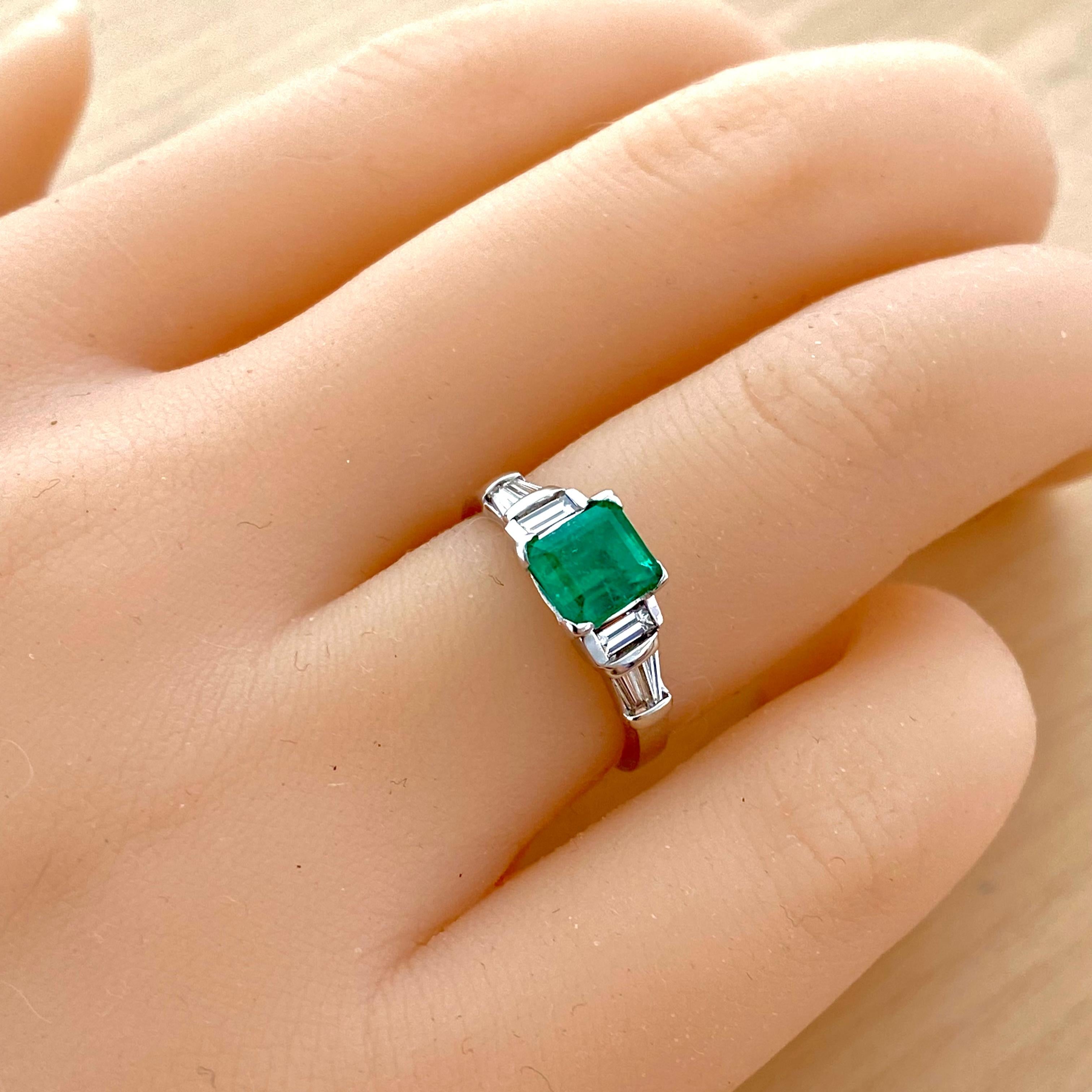 Emerald Cut Platinum Colombia Emerald and Diamond Engagement Ring 