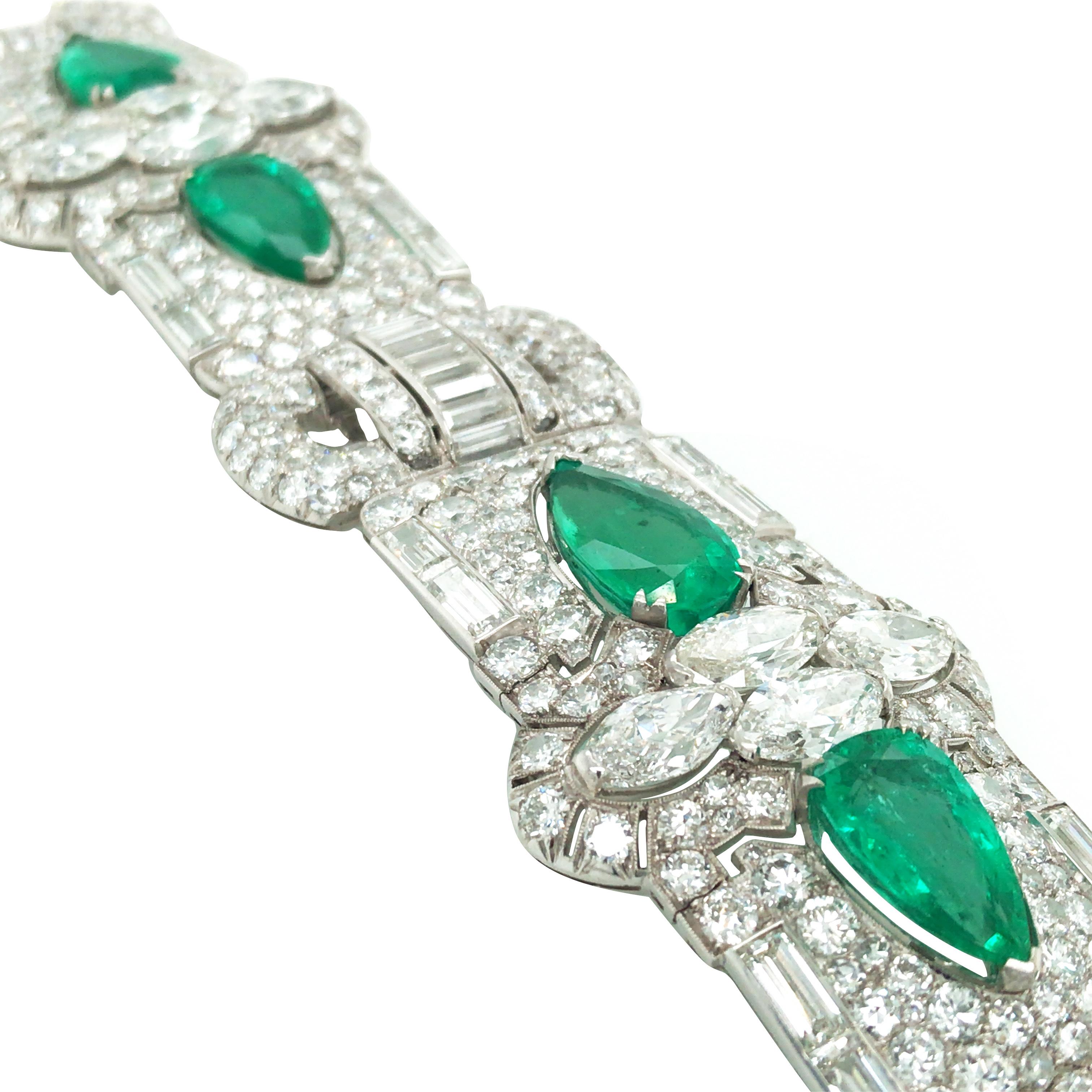 Art Deco Platinum Colombia Emerald Diamond Bracelet, SSEF For Sale