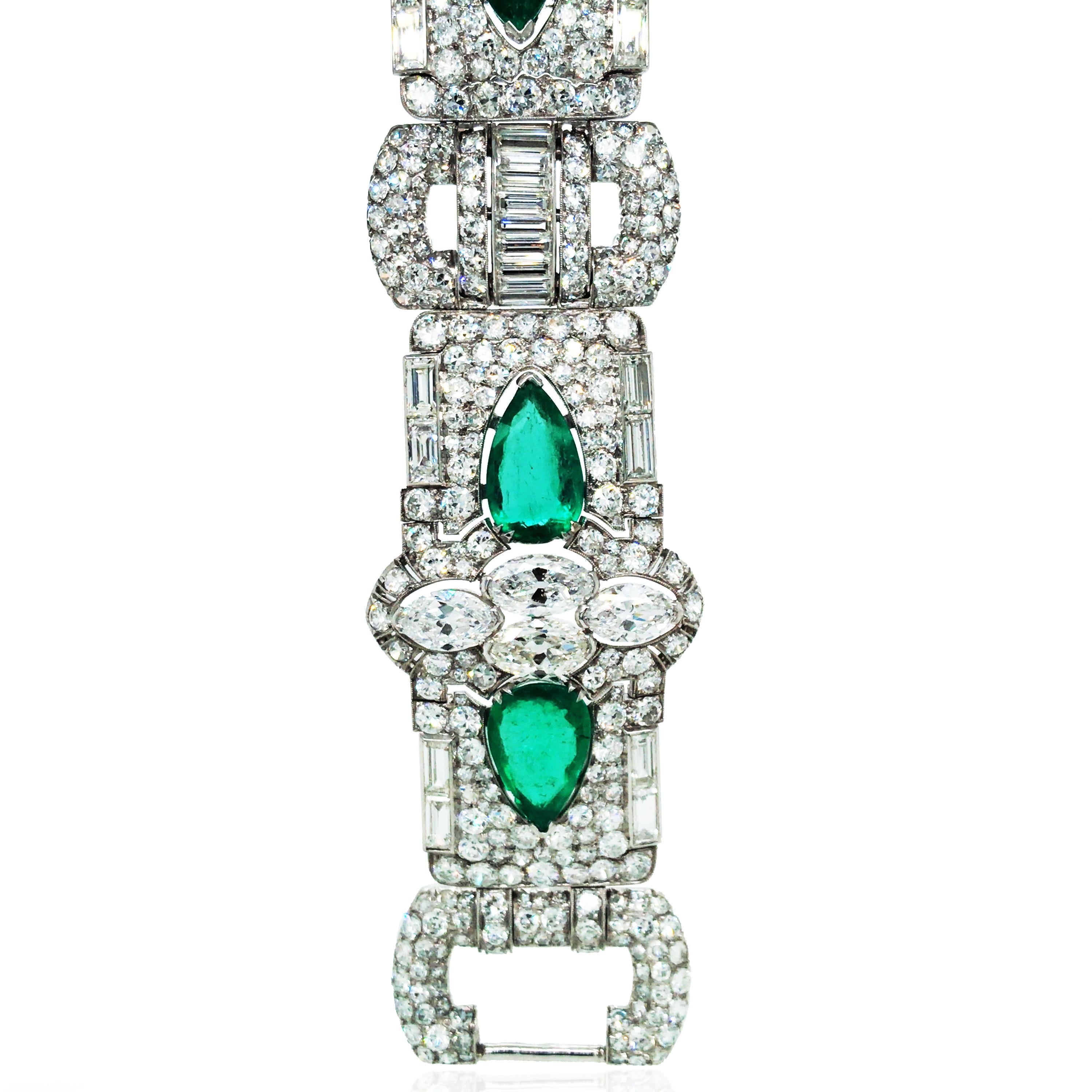 Pear Cut Platinum Colombia Emerald Diamond Bracelet, SSEF For Sale
