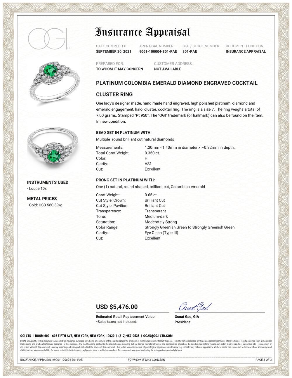 Platinum emerald and diamond cocktail cluster ring 
Round emerald weighing 0.65 carat
Surrounded by pave-set diamonds weighing 0.35 carats    
Ring size 7 In Stock
The ring can be slightly resized
Ring shank measuring 3.3 millimeter 
New Ring
OGI