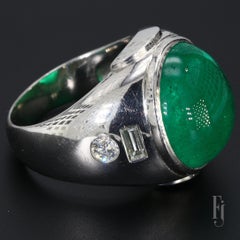 Platinum Colombian Emerald Cabochon Mens Ring with Diamond Accents - Size 11.25