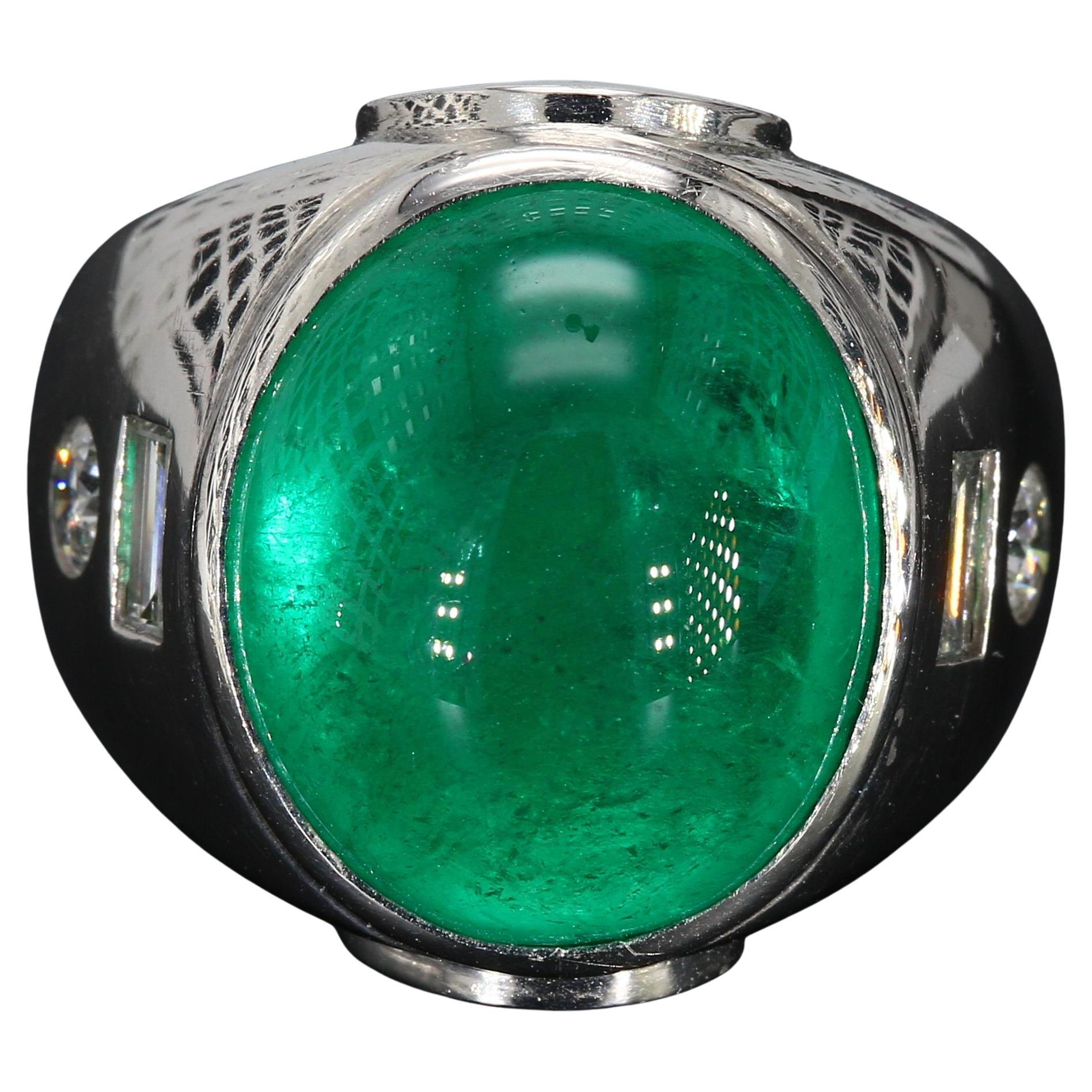 Platin kolumbianischen Smaragd Cabochon Herrenring mit Diamant-Akzenten - Größe 11,25
