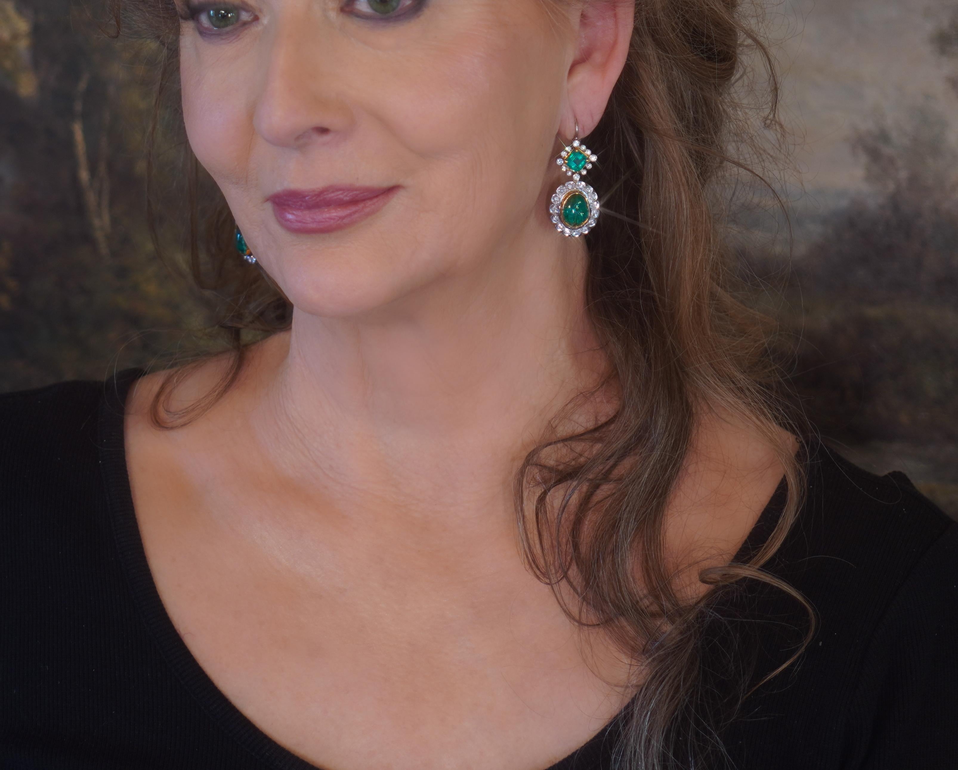 Old South Jewels proudly presents...LUXURY.  FINEST GIA ANTIQUE 16.48 CARAT COLUMBIAN EMERALDS & DIAMOND EARRINGS & BOX!  BREATHTAKING 13.60 CARATS COLUMBIAN EMERALDS ARE GORGEOUS AND TRANSPARENT.   CROWNED WITH 2.88 CARATS OF SPARKLING DIAMONDS. 