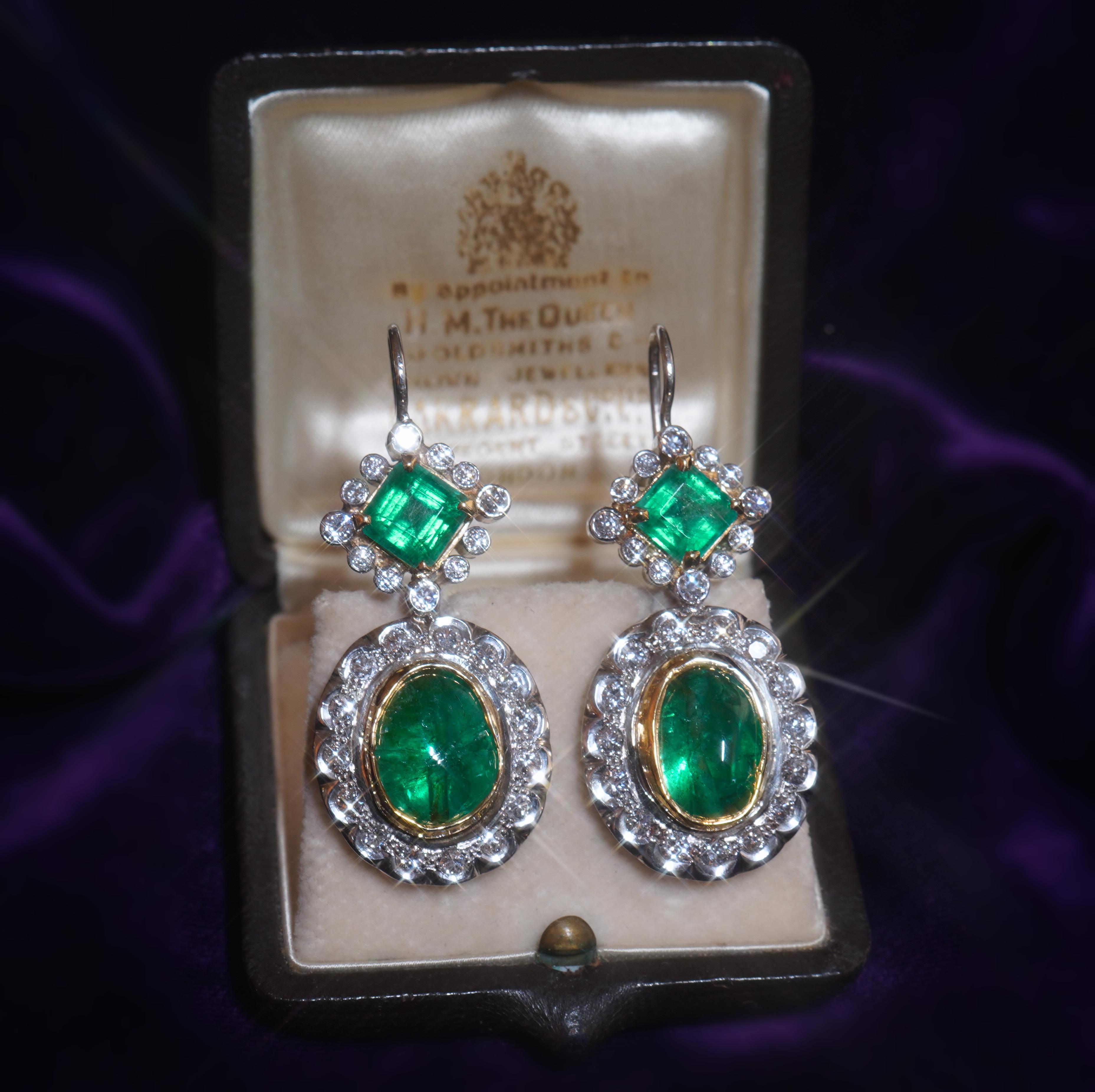 Emerald Cut Platinum Colombian Emerald Diamond Antique Earrings GIA 18K Certified 16.48 Cts