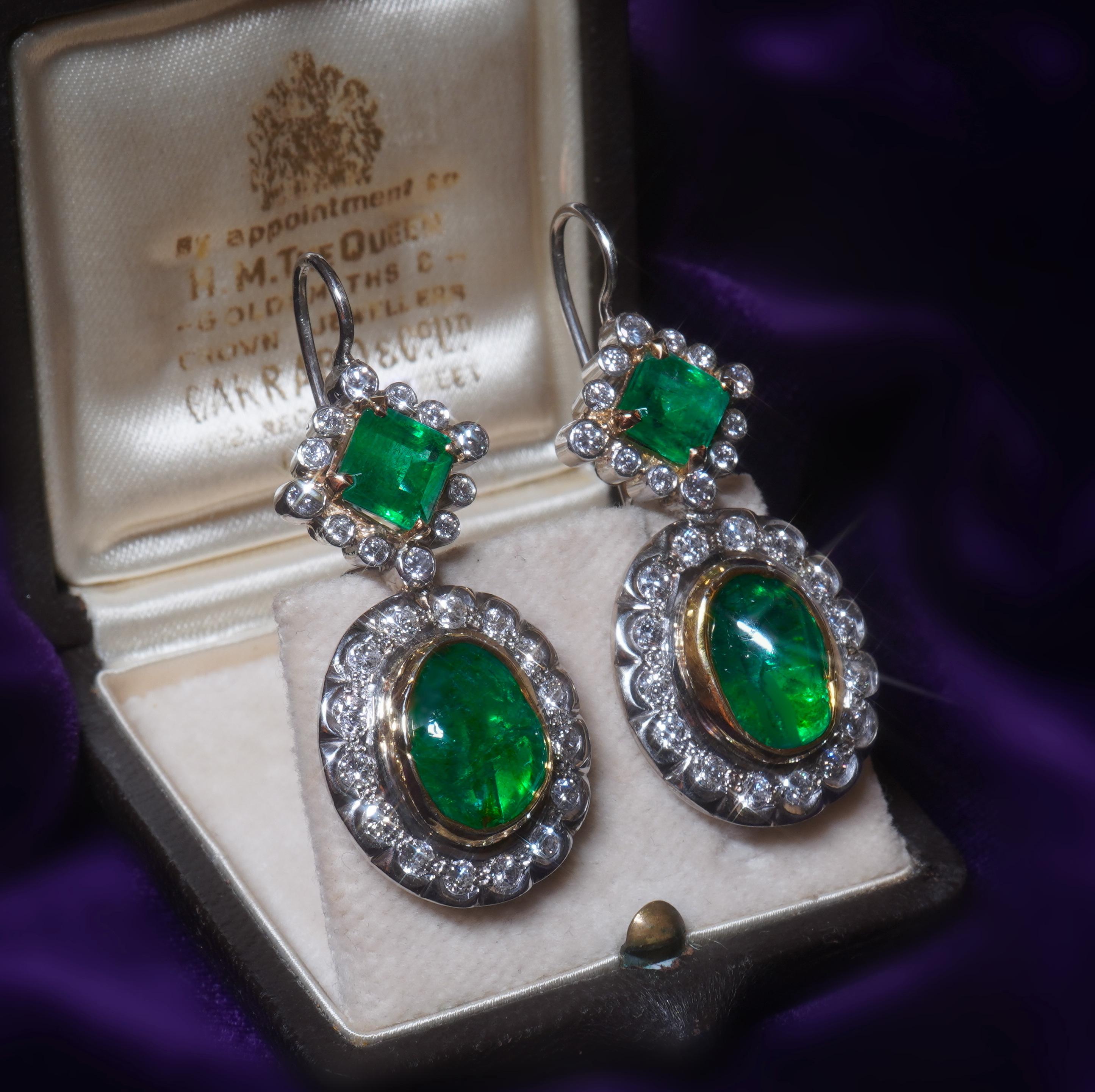 Platinum Colombian Emerald Diamond Antique Earrings GIA 18K Certified 16.48 Cts In Good Condition In Sylvania, GA
