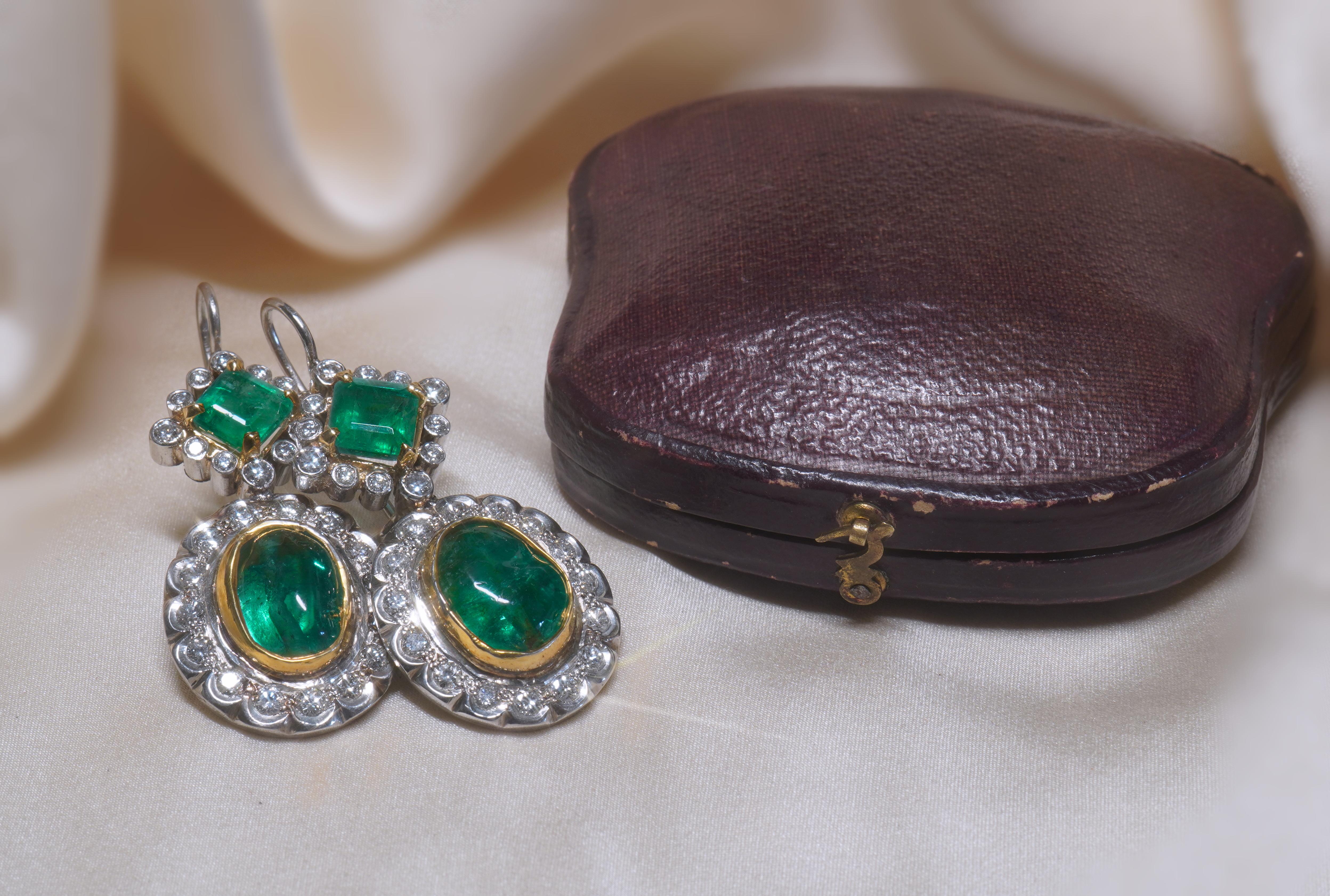 Women's Platinum Colombian Emerald Diamond Antique Earrings GIA 18K Certified 16.48 Cts