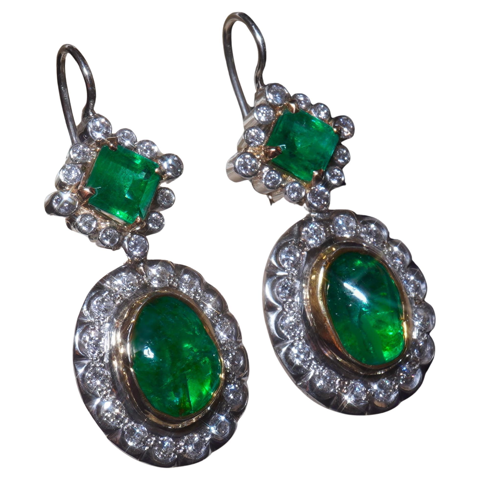 Platinum Colombian Emerald Diamond Antique Earrings GIA 18K Certified 16.48 Cts