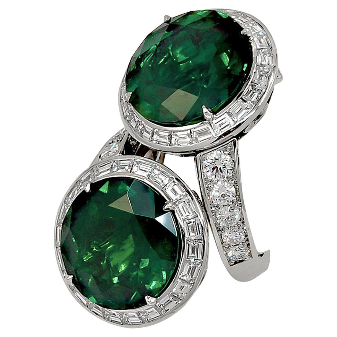 Platinum Colombian Emerald, Diamond Bypass Ring / Earrings