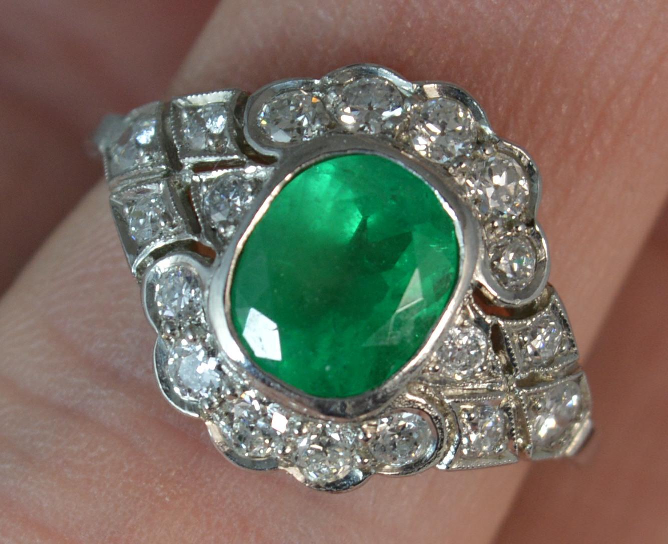 Art Deco Platinum Colombian Emerald and Diamond Cluster Ring