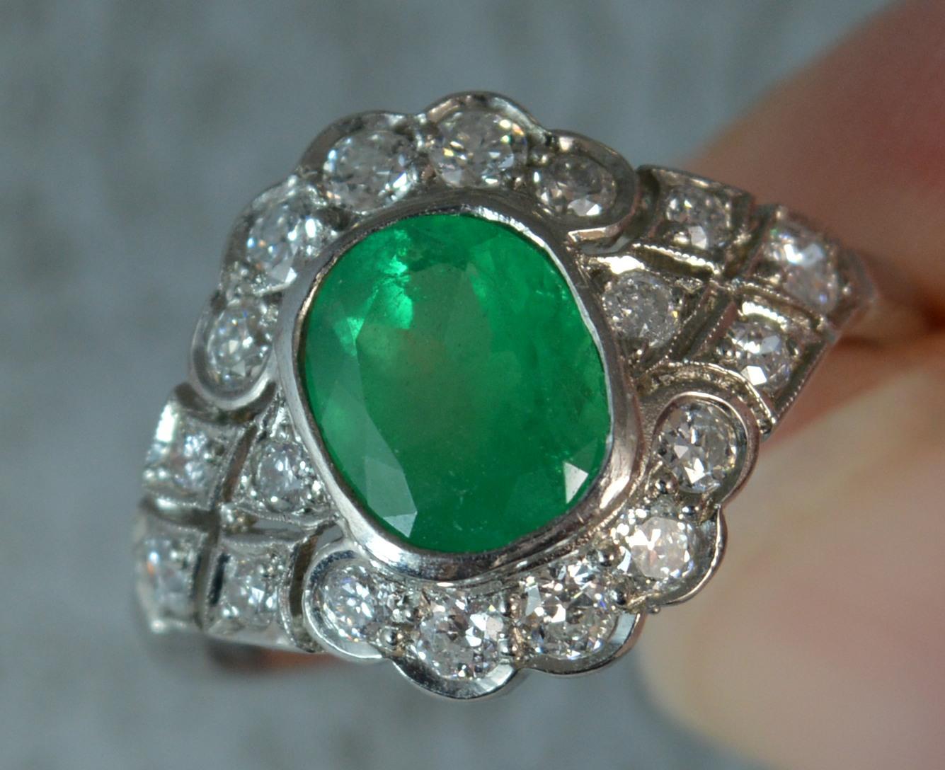 Women's Platinum Colombian Emerald and Diamond Cluster Ring