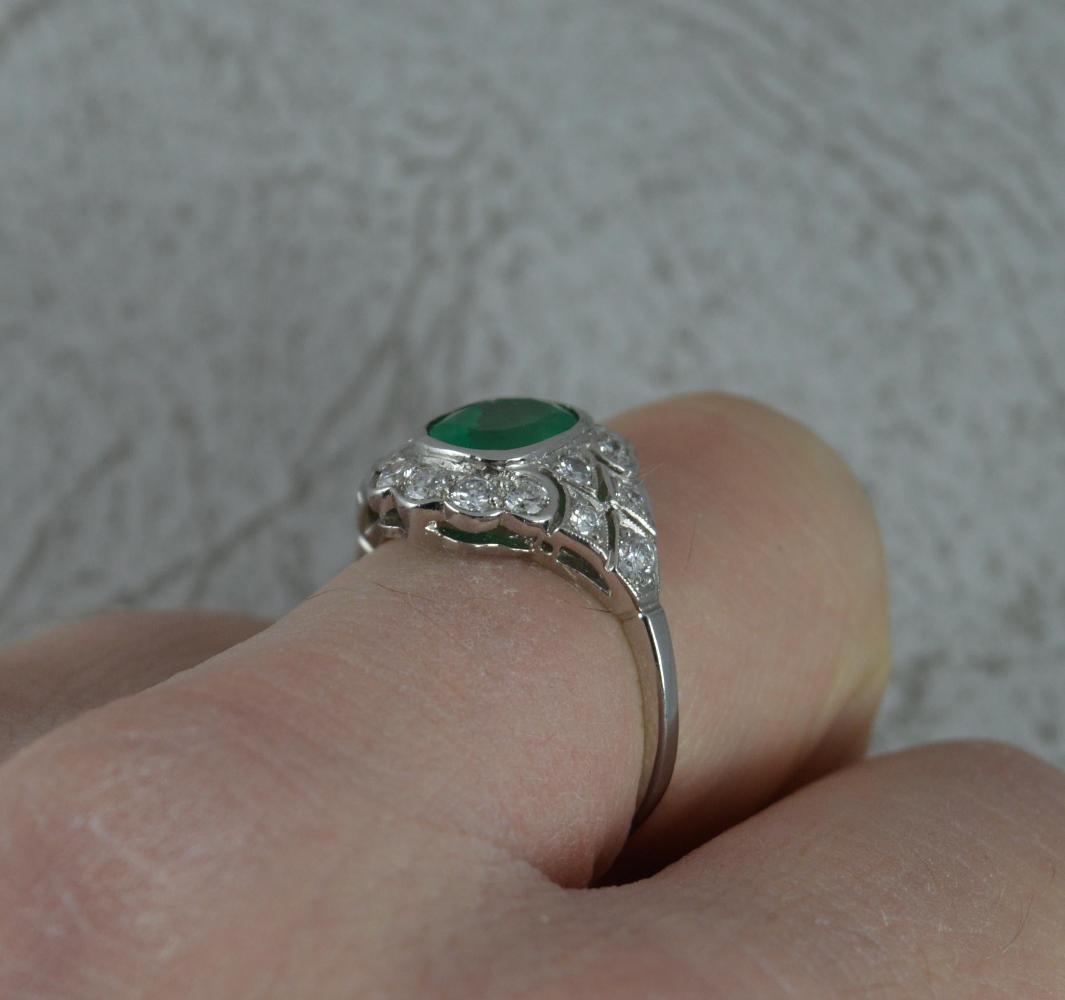 Cushion Cut Platinum Colombian Emerald and Diamond Cluster Ring