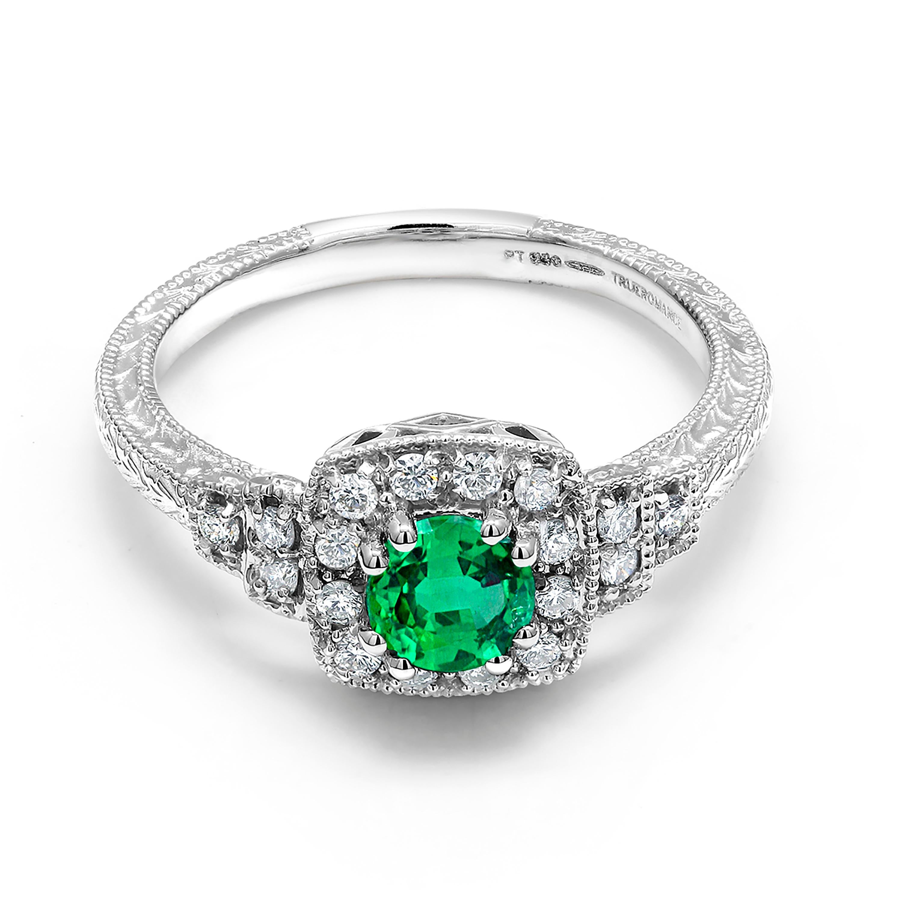 Round Cut Platinum Colombia Emerald Diamond Engraved Cocktail Cluster Ring