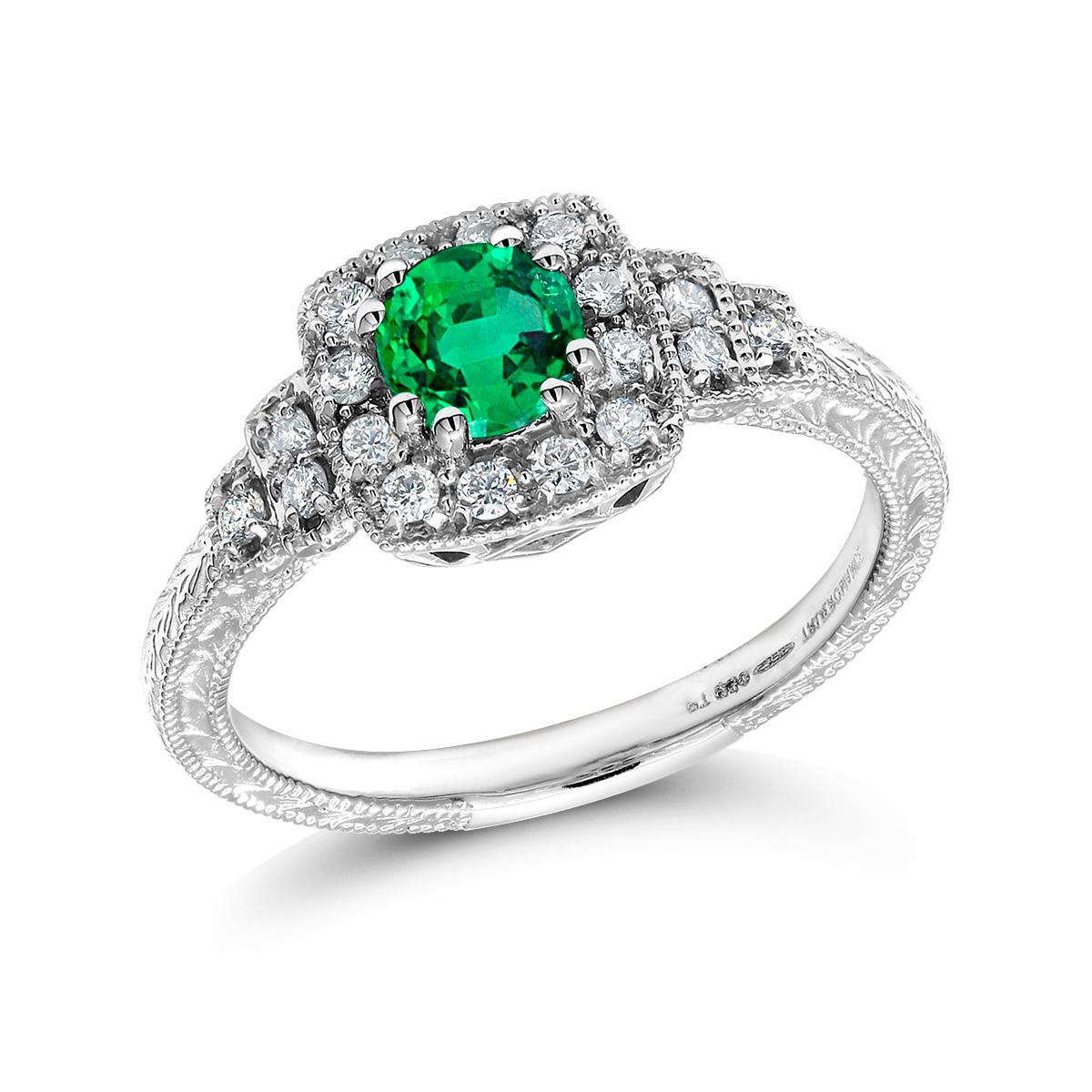 Women's Platinum Colombia Emerald Diamond Engraved Cocktail Cluster Ring