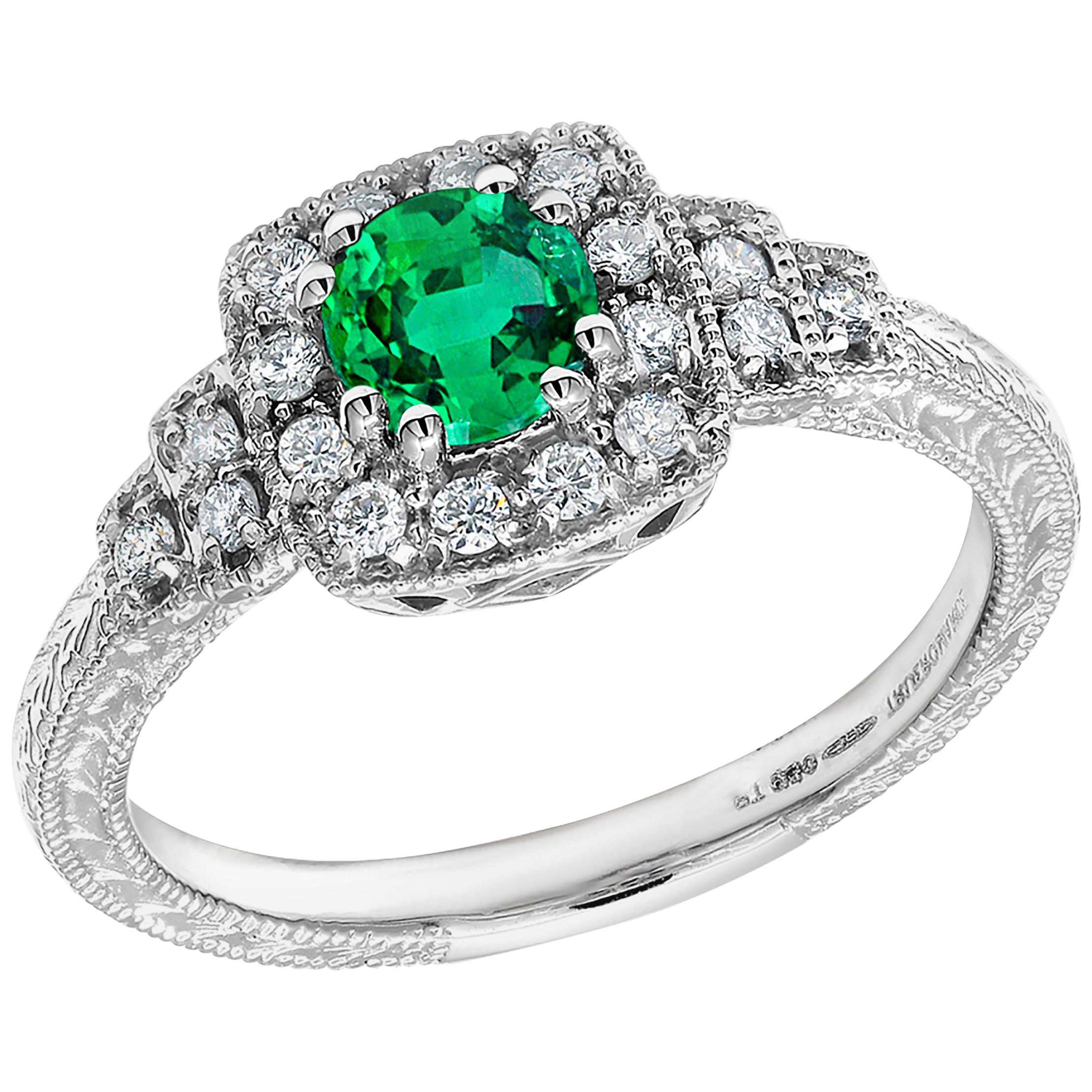 Platinum Colombia Emerald Diamond Engraved Cocktail Cluster Ring