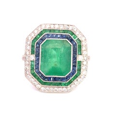 Platinum Colombian Emerald Sapphire Diamond Cocktail Ring
