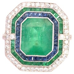 Platinum Colombian Emerald Sapphire Diamond Cocktail Ring