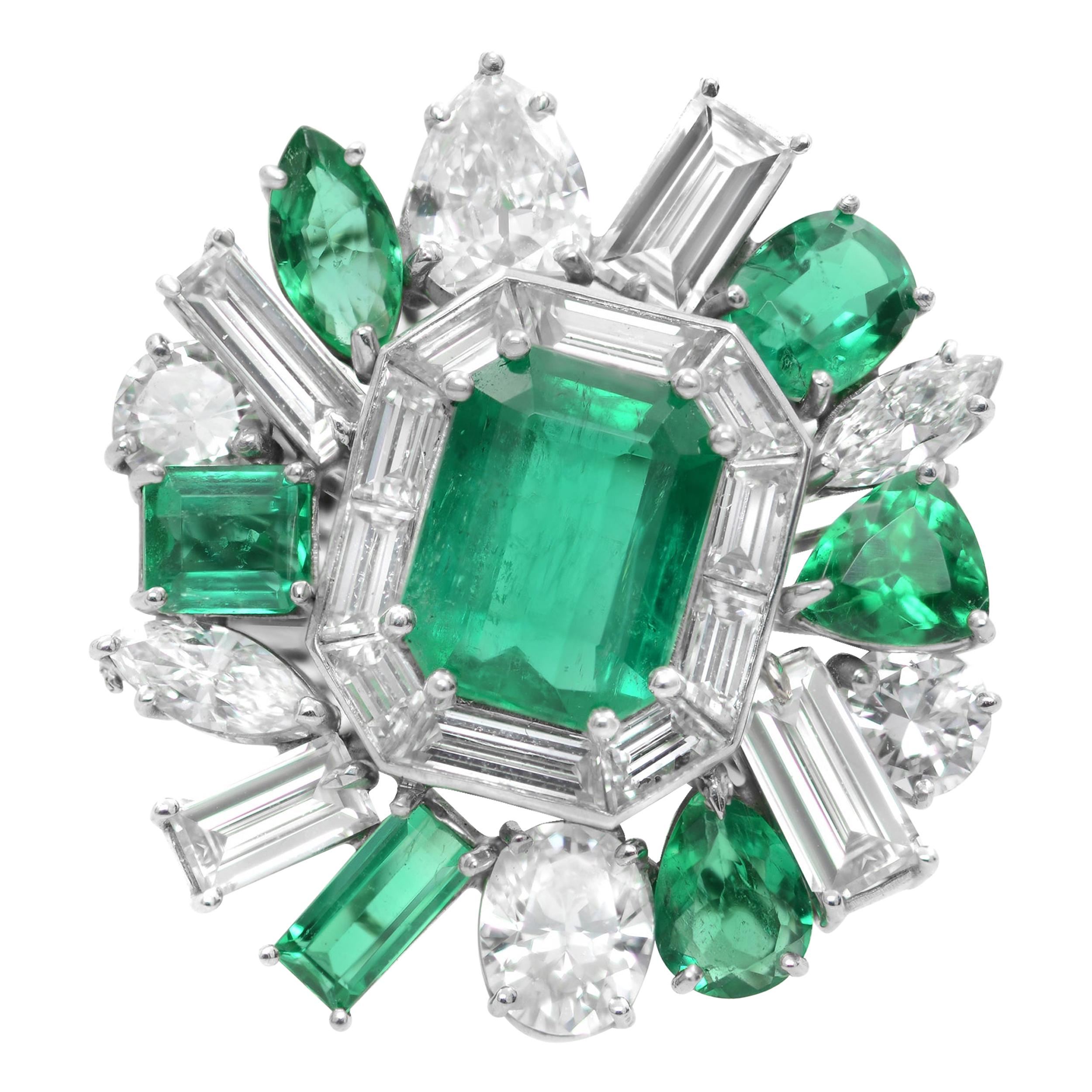 Platinum Colombian Green Emerald Diamond Entourage Cocktail Ring 10.44Cttw For Sale