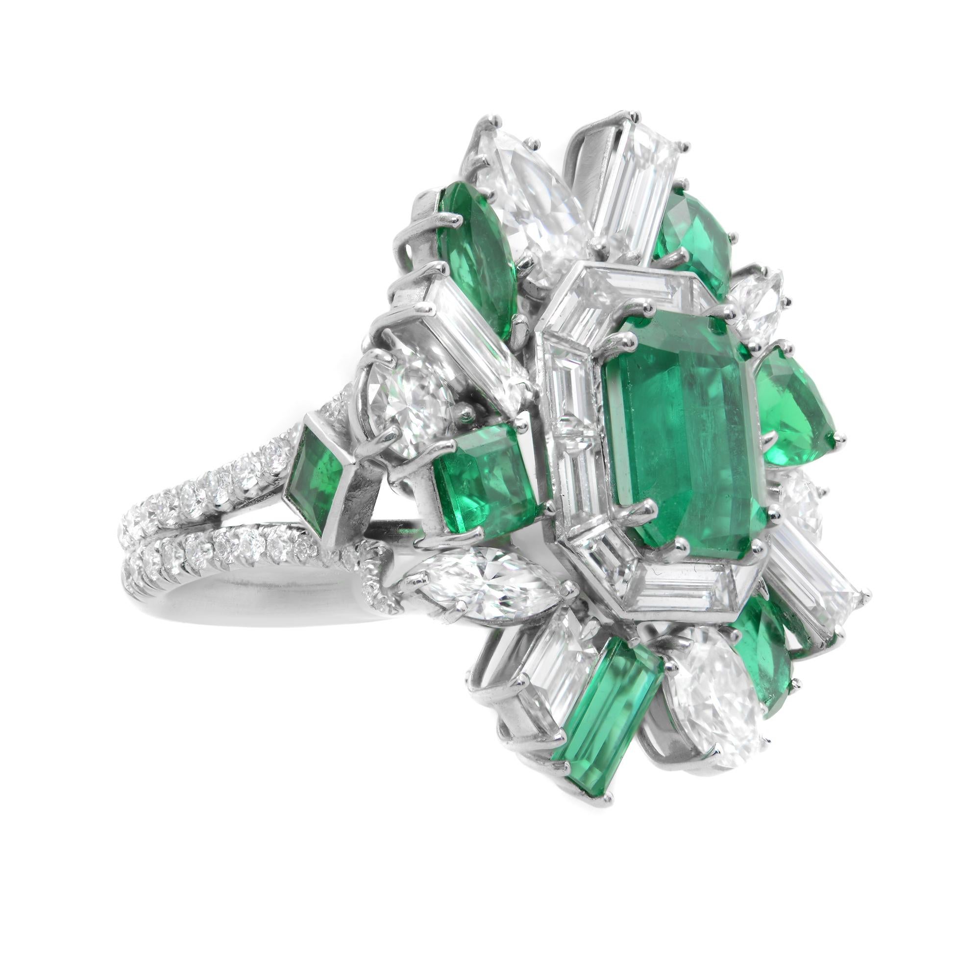 Modern Platinum Colombian Green Emerald Diamond Entourage Cocktail Ring 10.44Cttw For Sale