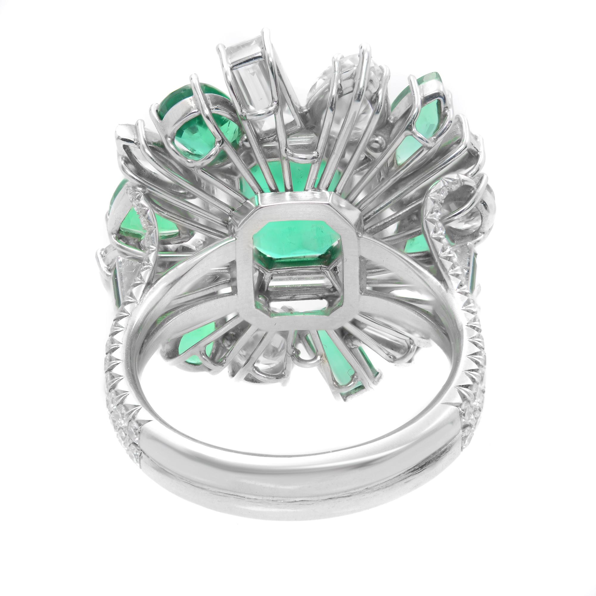 Emerald Cut Platinum Colombian Green Emerald Diamond Entourage Cocktail Ring 10.44Cttw For Sale