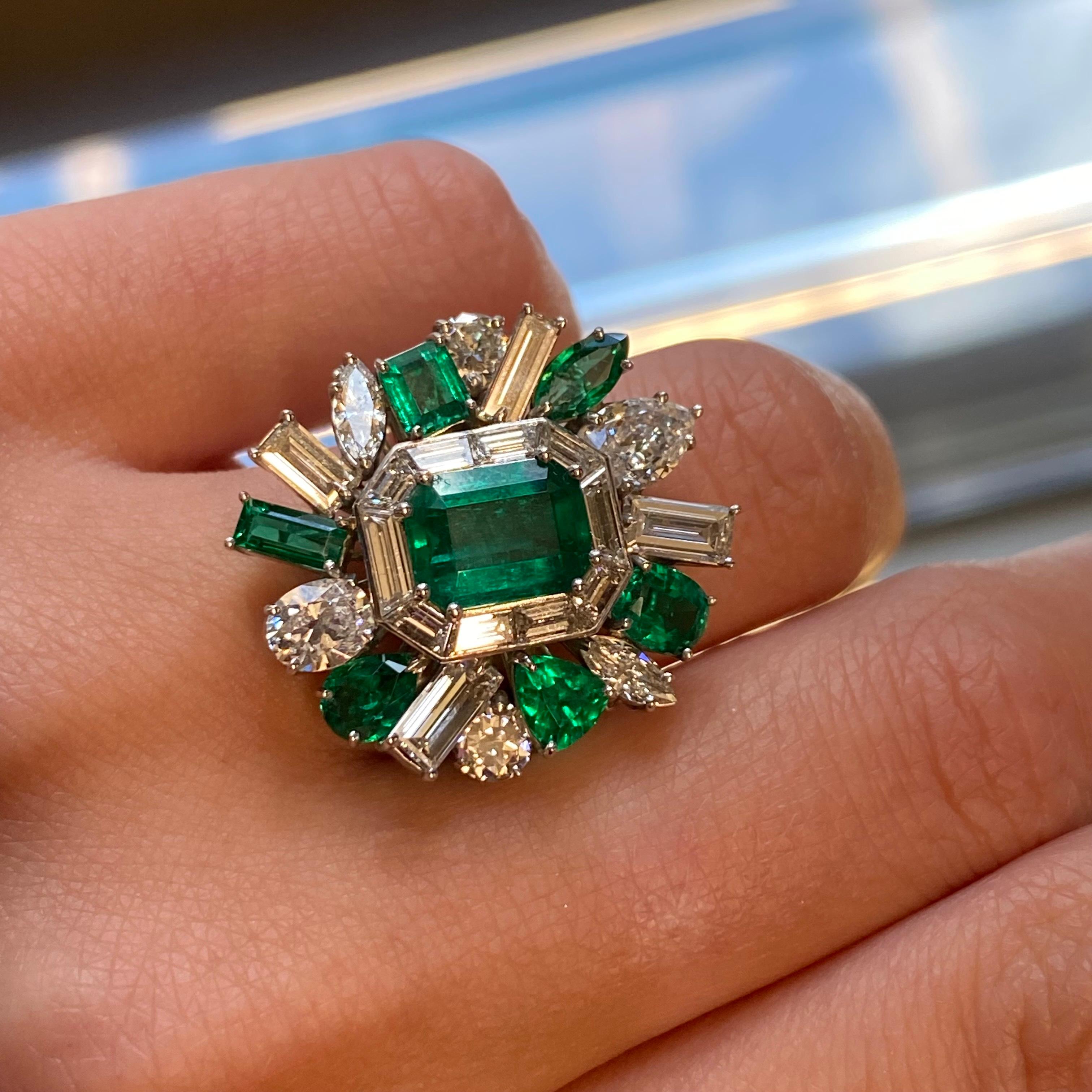 Women's Platinum Colombian Green Emerald Diamond Entourage Cocktail Ring 10.44Cttw For Sale