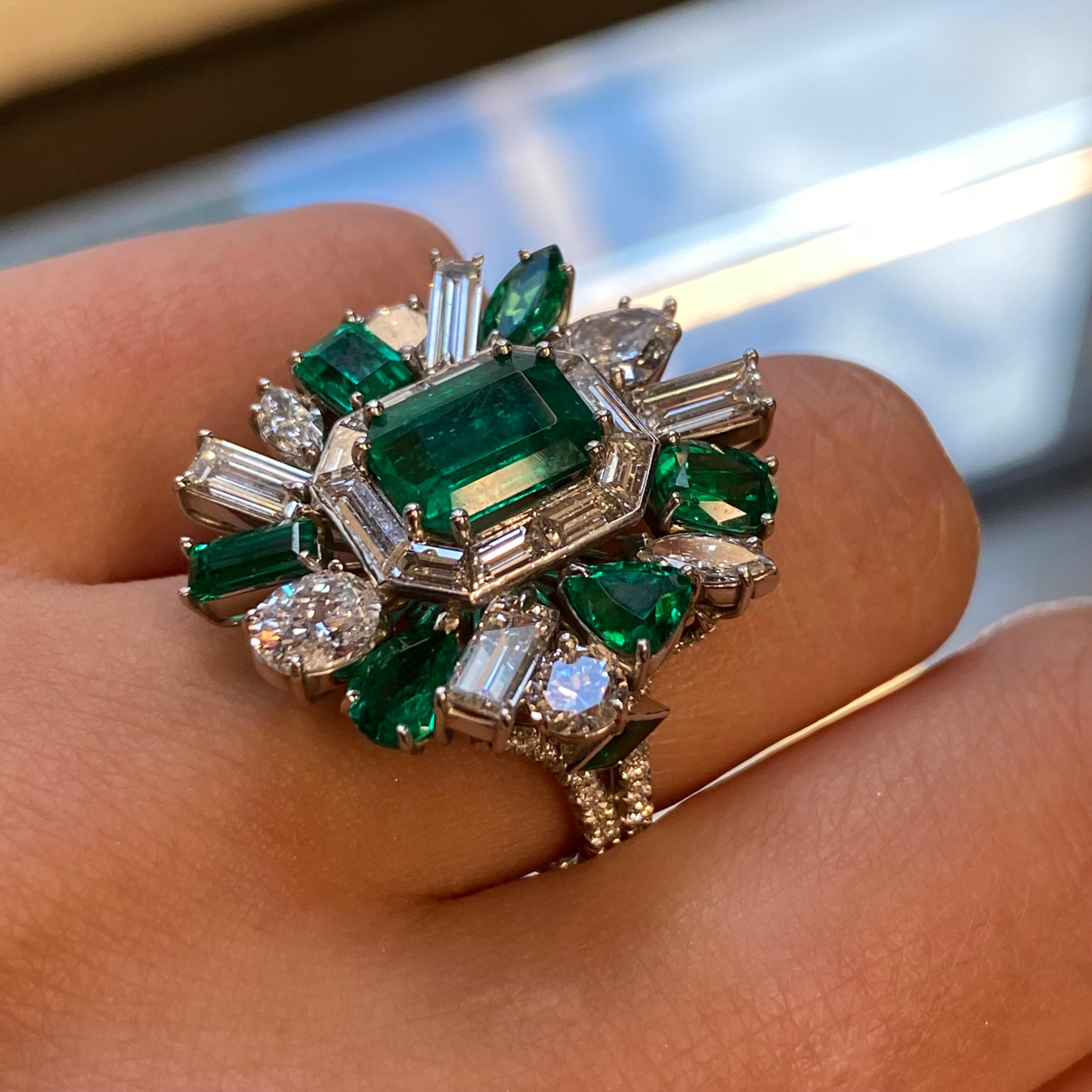 Platinum Colombian Green Emerald Diamond Entourage Cocktail Ring 10.44Cttw For Sale 1