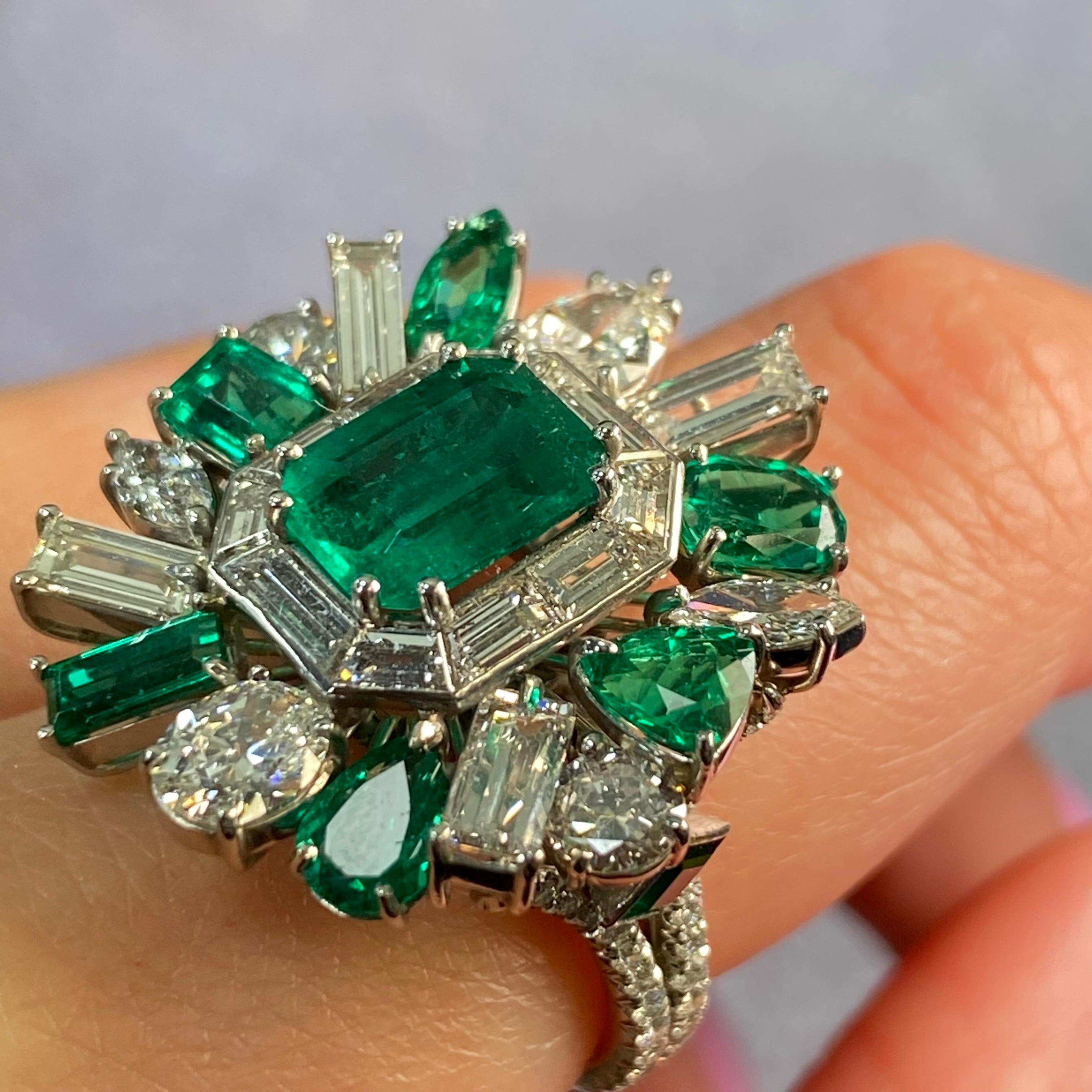 Platinum Colombian Green Emerald Diamond Entourage Cocktail Ring 10.44Cttw For Sale 1