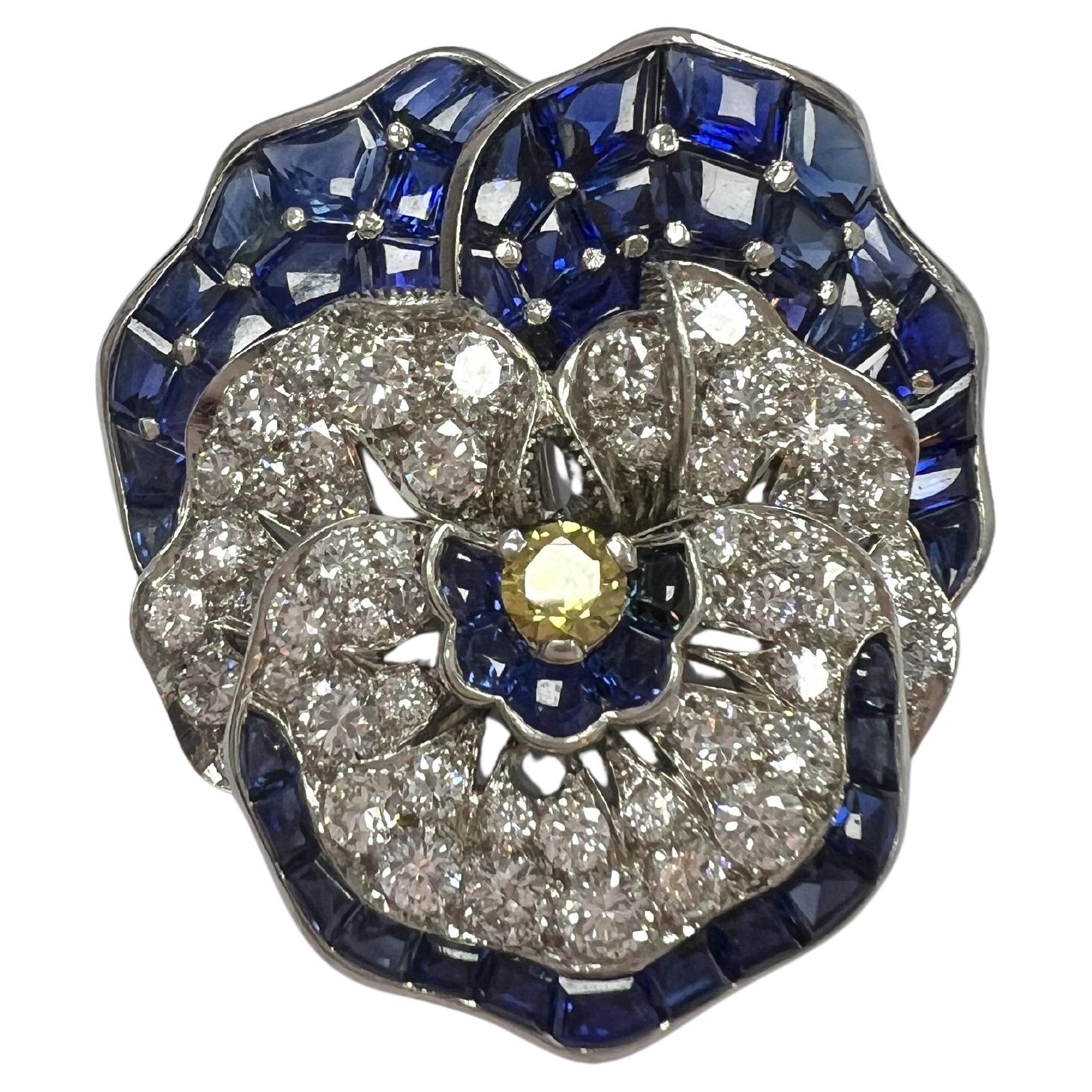 Platinum, Colored Diamond, Diamond, and Sapphire Brooch