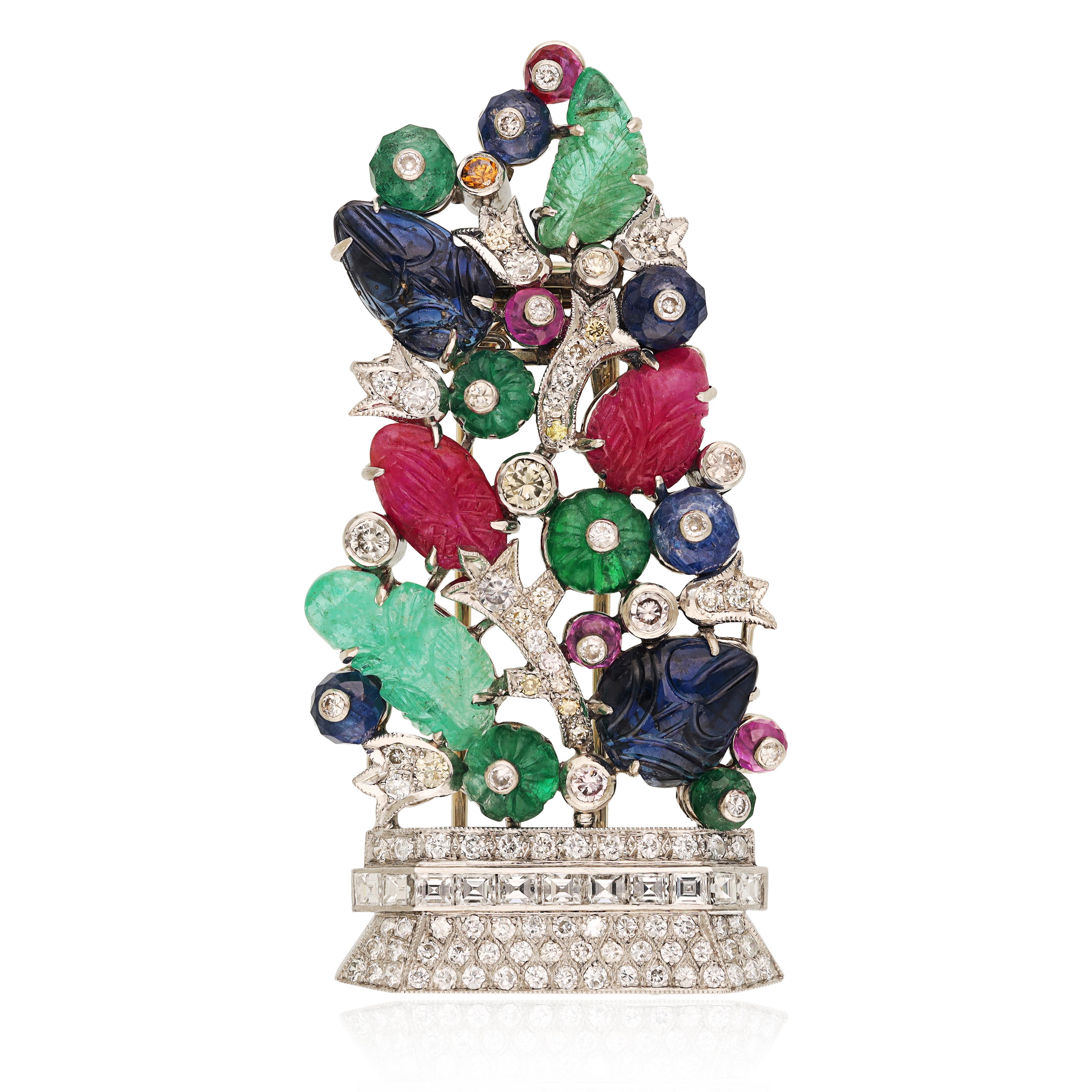 Platinum, Colored Stone and Diamond Brooch