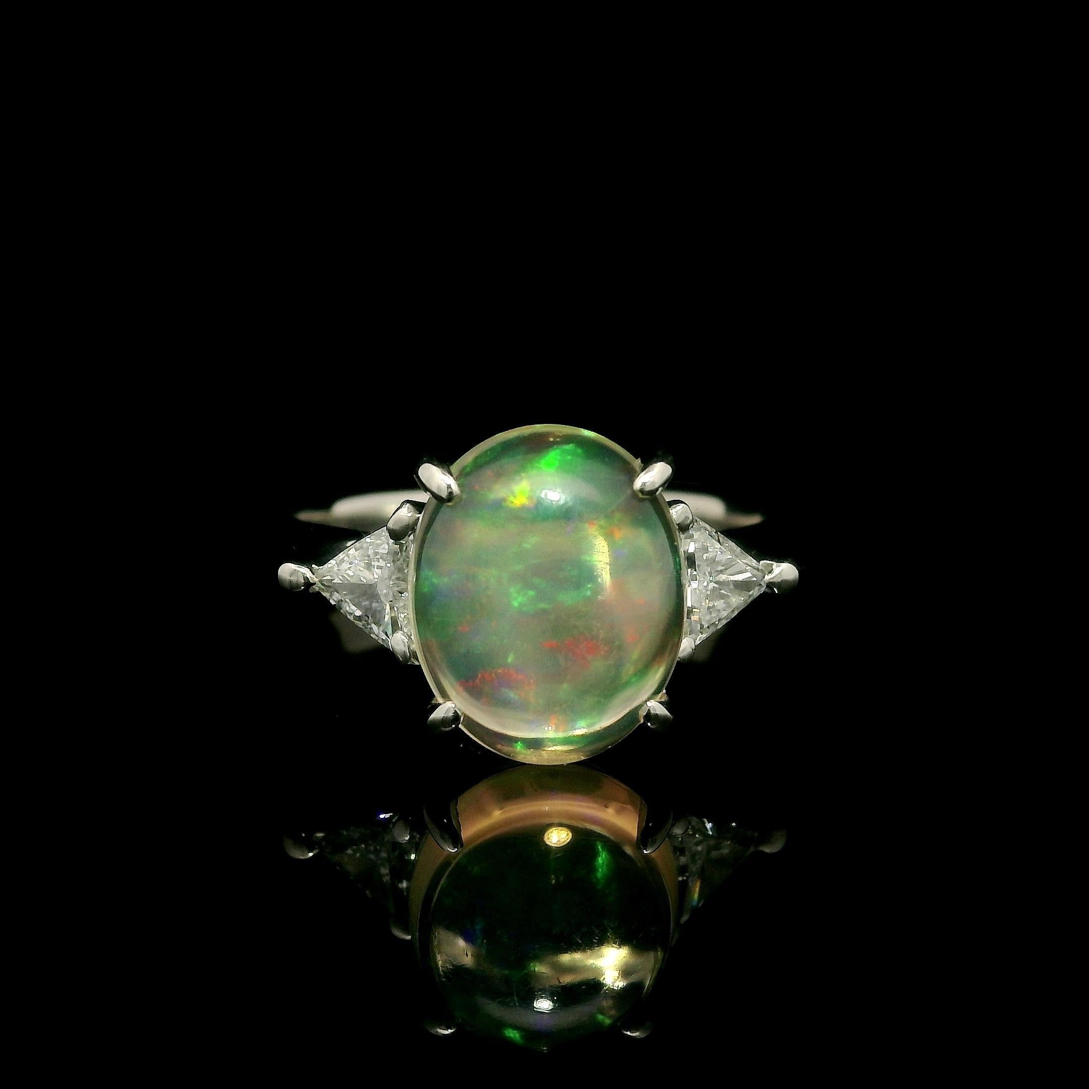 Platinum Colorful Jelly Opal & Trillion cut Diamonds Cocktail Ring Size 4.5 For Sale 7