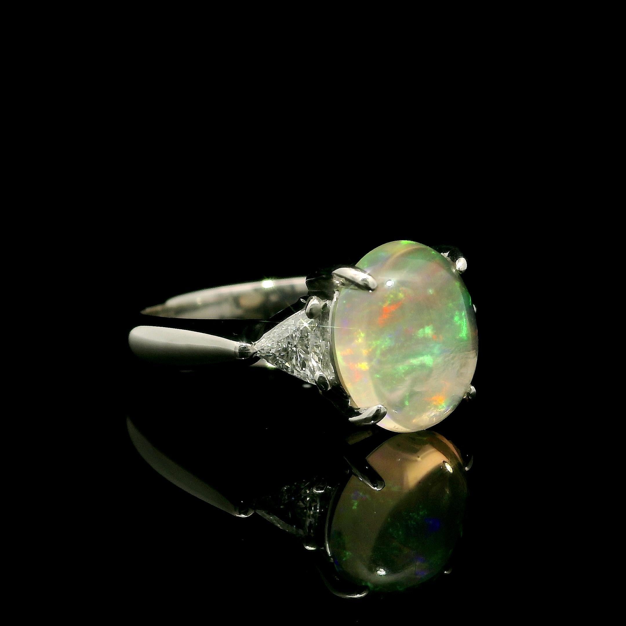 Platinum Colorful Jelly Opal & Trillion cut Diamonds Cocktail Ring Size 4.5 For Sale 8
