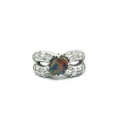 Platinum Colorful Oval Boulder Opal Baguette Diamond Crisscross Band Ring